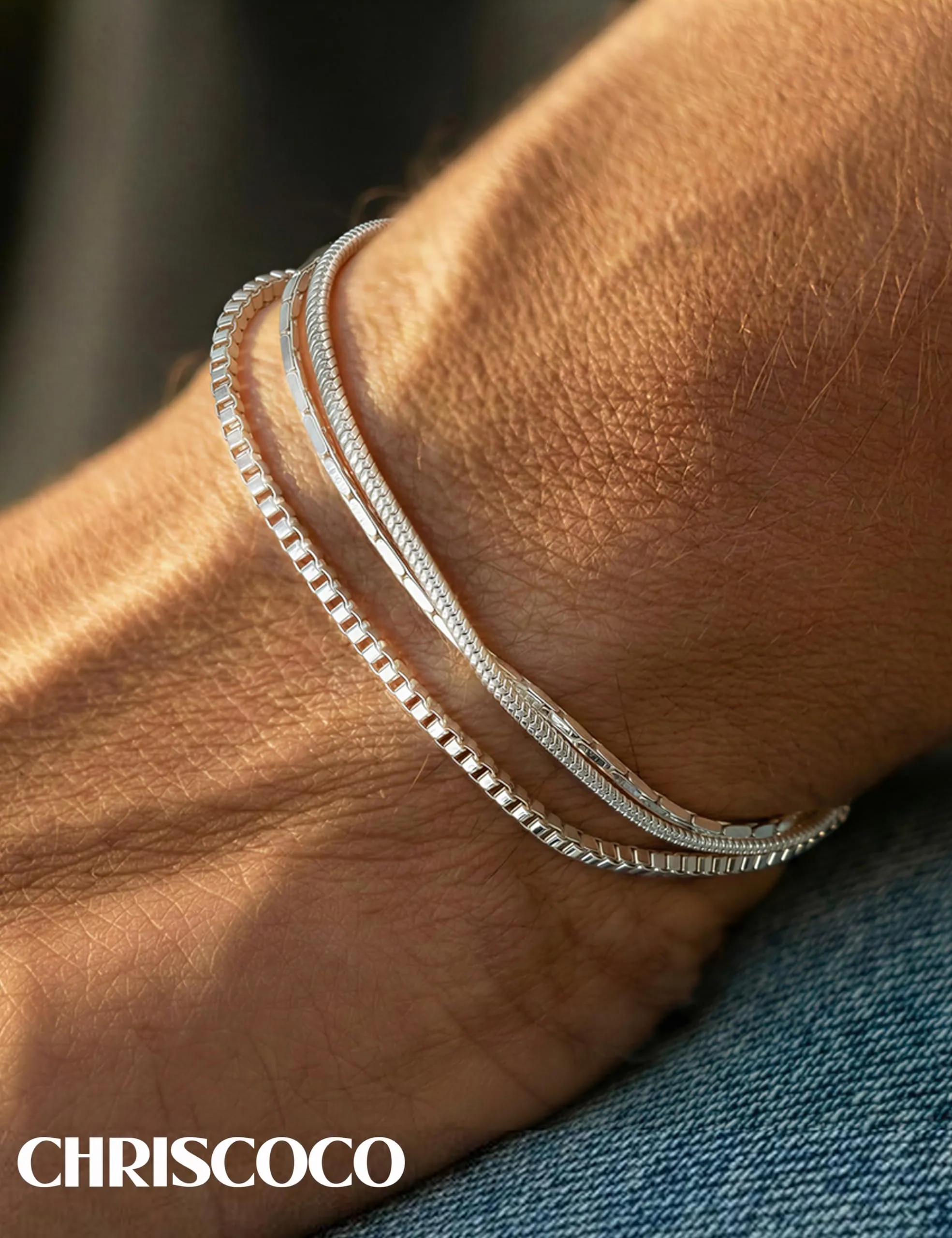 Chriscoco Set di 3 Bracciali Uomo in Argento 925 Cuban Link, Snake e Box, 19/21 cm - immagine 2