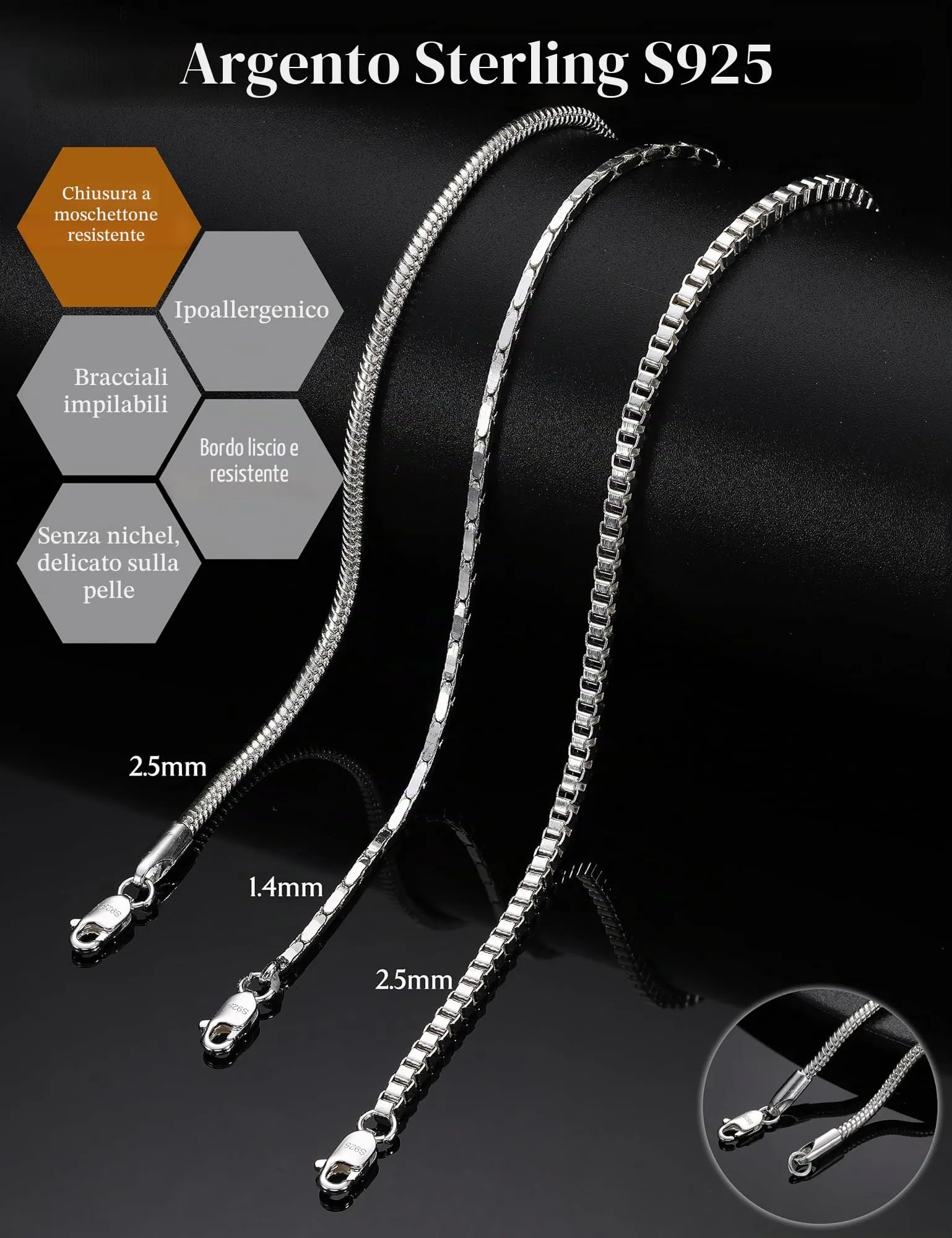 Chriscoco Set di 3 Bracciali Uomo in Argento 925 Cuban Link, Snake e Box, 19/21 cm - immagine 3