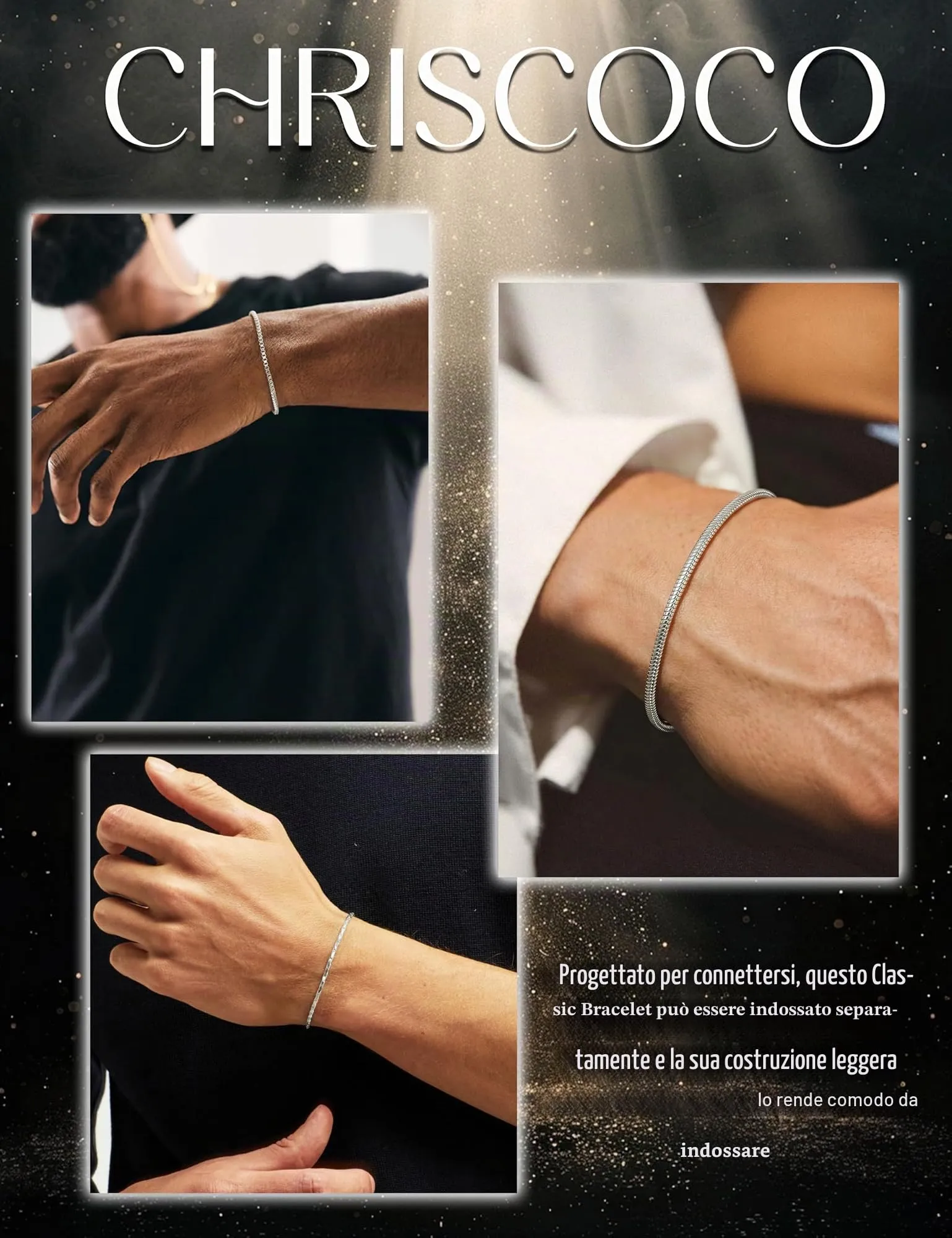 Chriscoco Set di 3 Bracciali Uomo in Argento 925 Cuban Link, Snake e Box, 19/21 cm - immagine 9