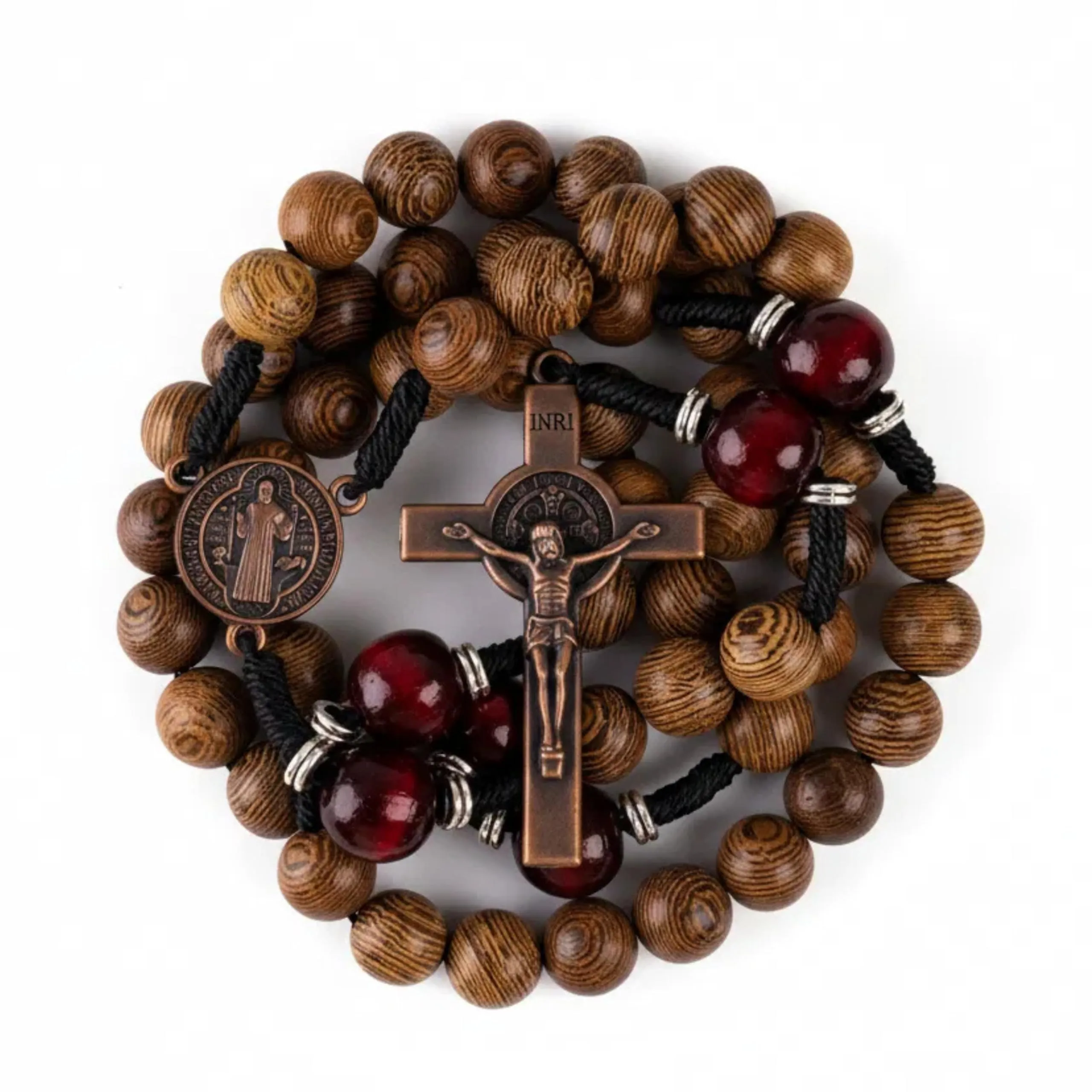 Nazareth Store Rosario da Uomo in Legno d'Ulivo e Rosso Scuro con Medaglia di San Benedetto, 10mm, WR2B - immagine 1
