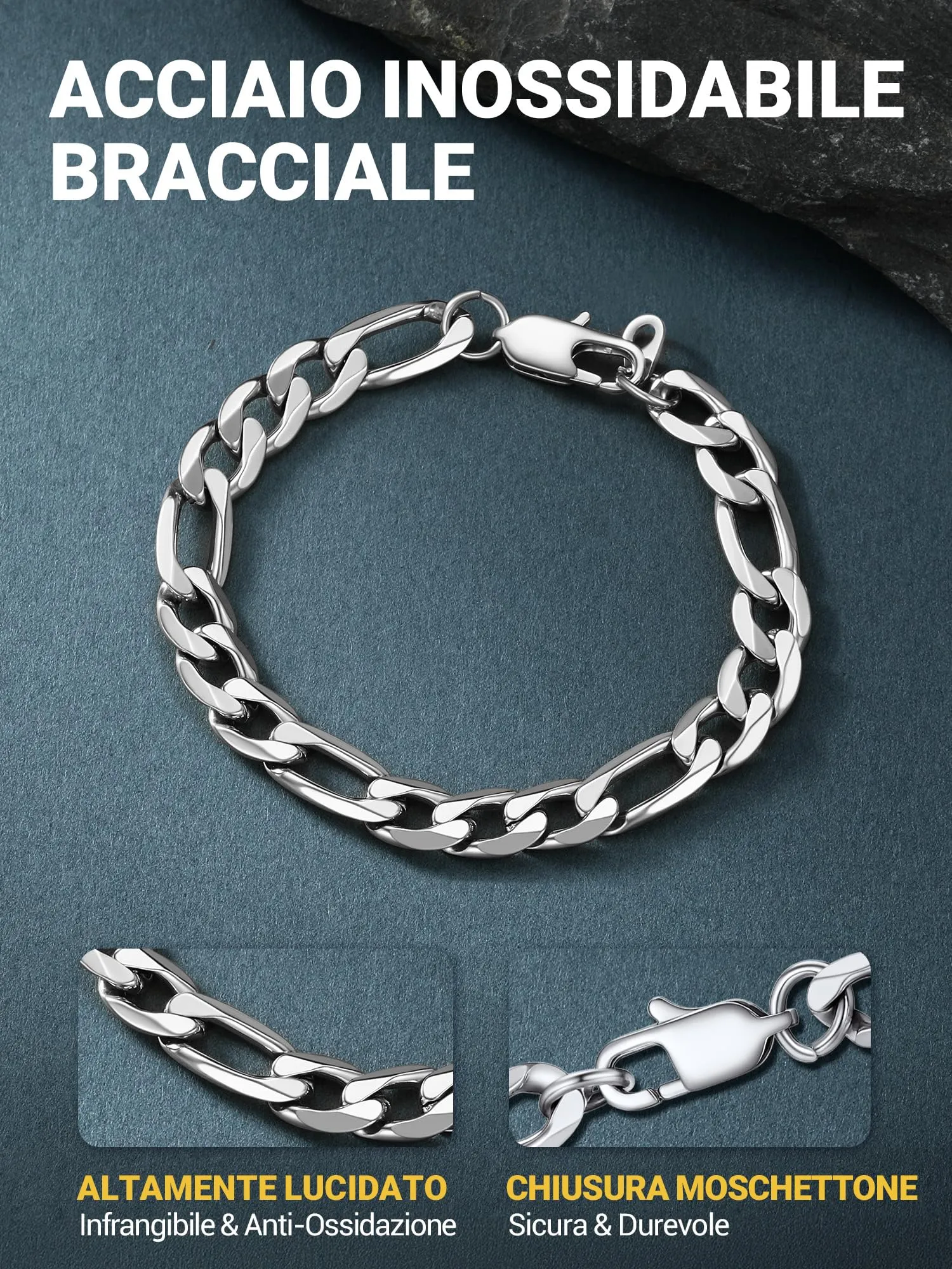 PROSTEEL Braccialetto Catena Figaro 3 in 1 Argento 6mm - immagine 5