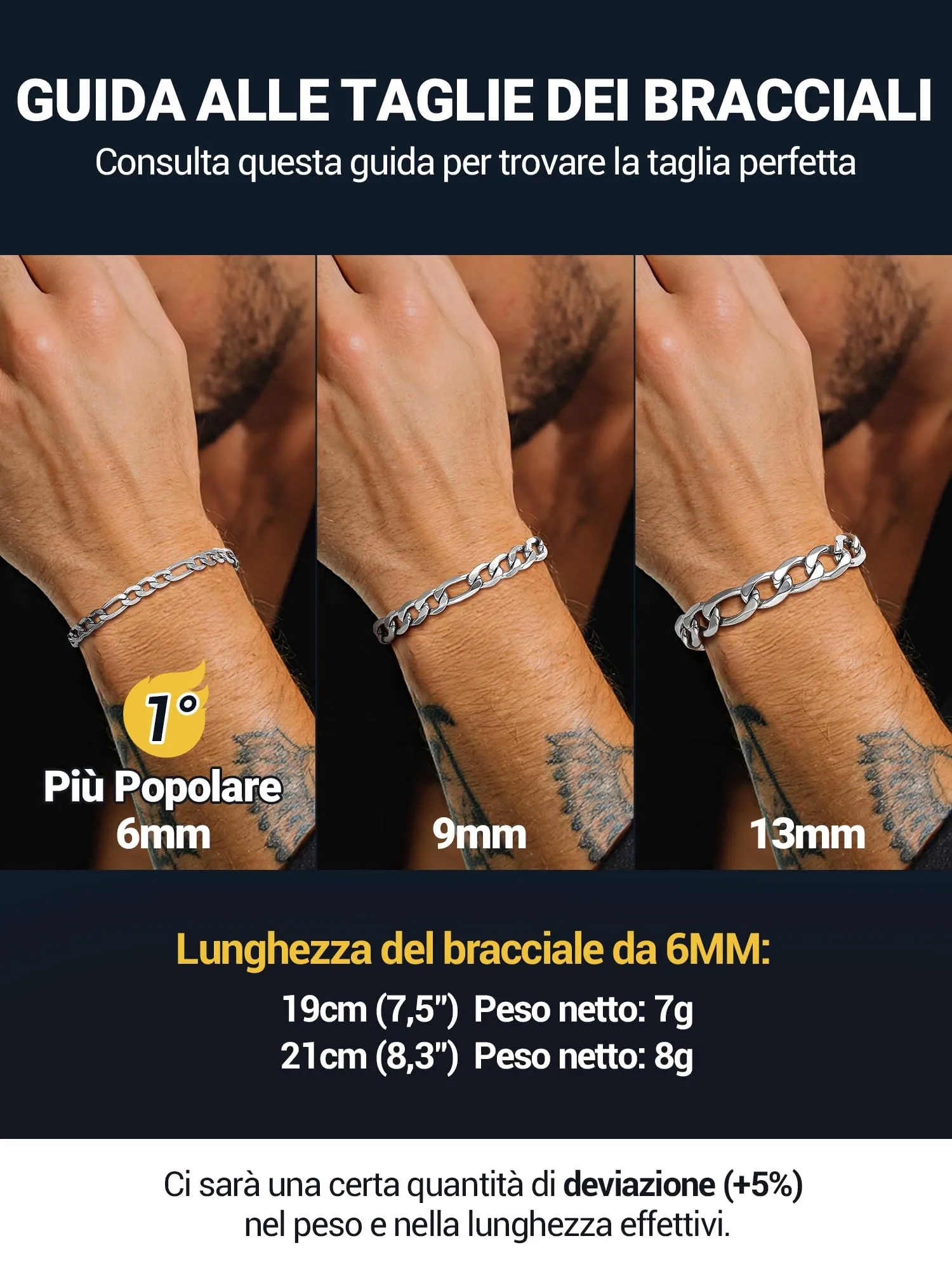 PROSTEEL Braccialetto Catena Figaro 3 in 1 Argento 6mm - immagine 6