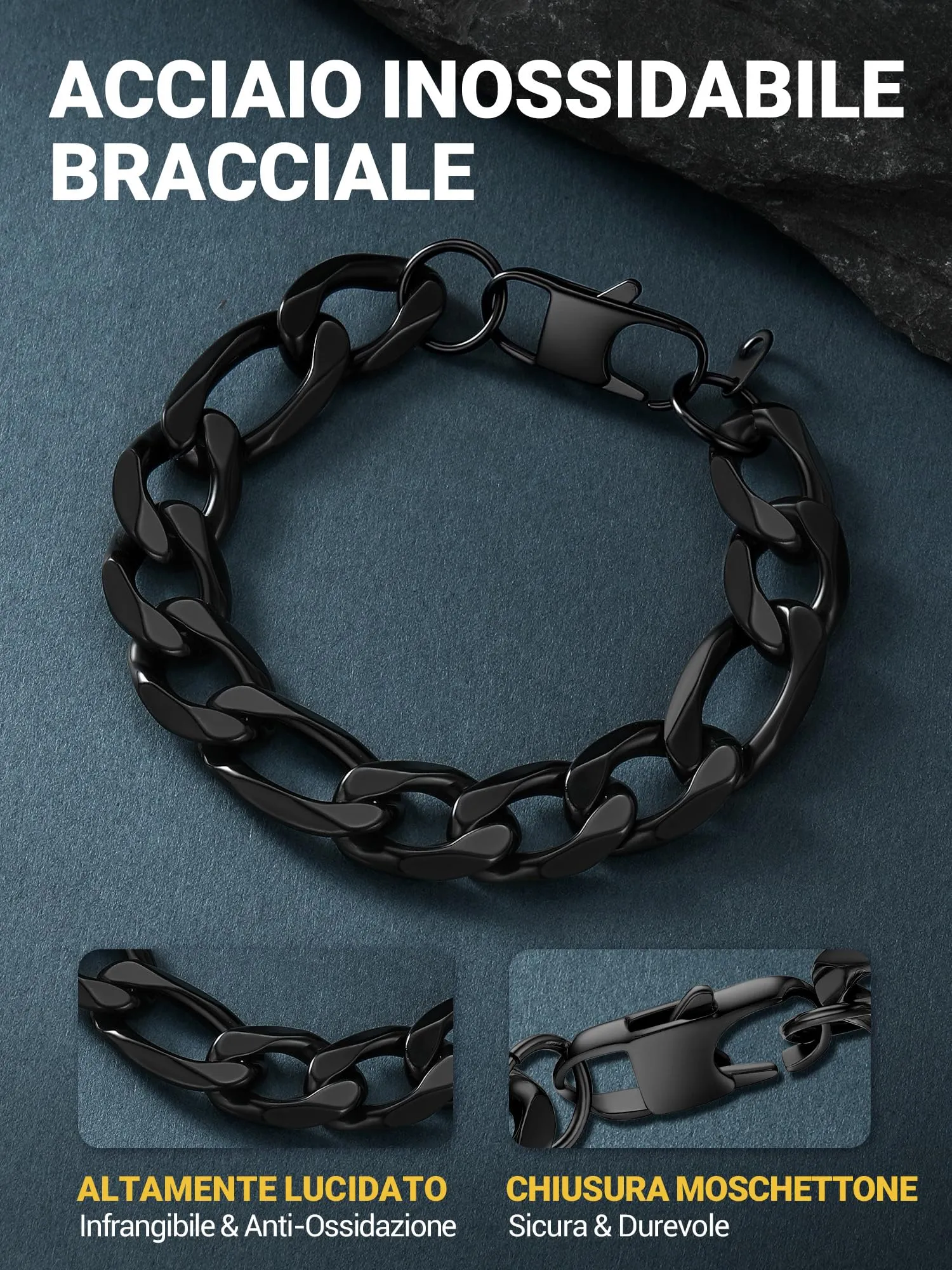 PROSTEEL Braccialetto Catena Figaro 3 in 1 Nero 13mm Argento per Uomo e Donna - immagine 3