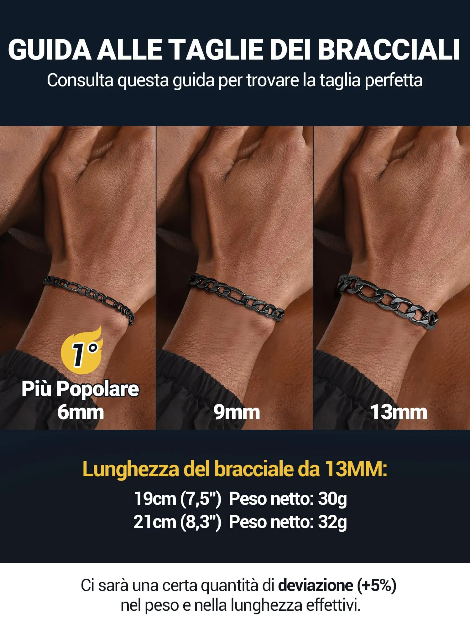 PROSTEEL Braccialetto Catena Figaro 3 in 1 Nero 13mm Argento per Uomo e Donna - immagine 5