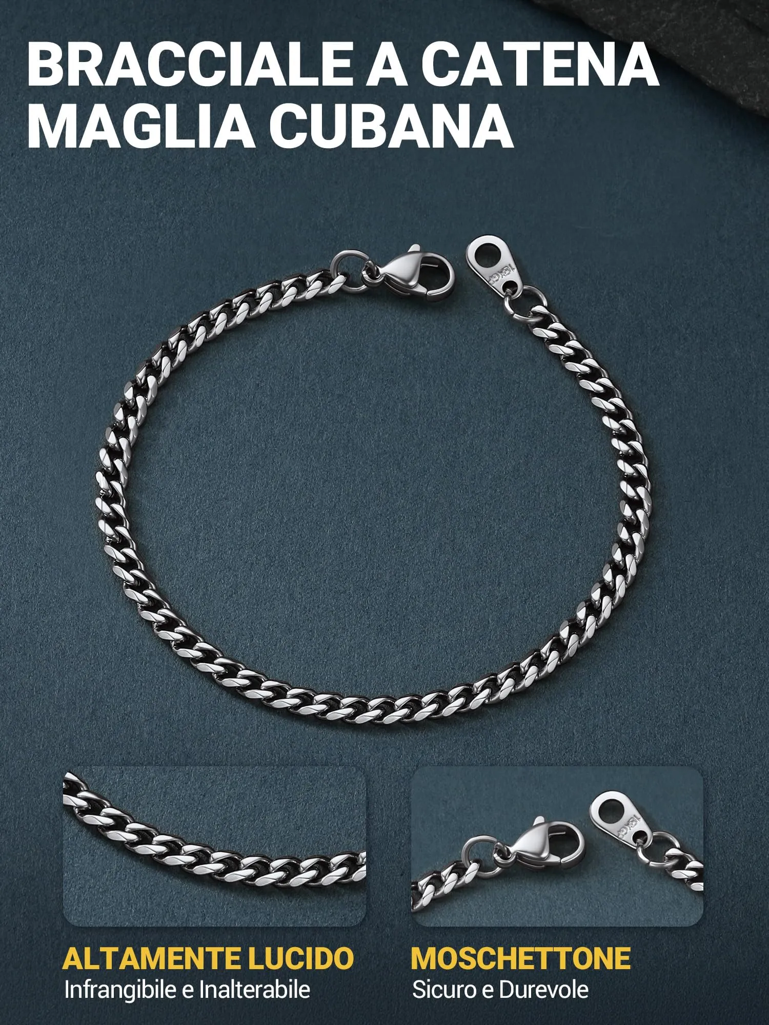 PROSTEEL Bracciale a Catena Sottile da Uomo in Acciaio Inossidabile, Argento 3.5mm, Lunghezza 21cm - immagine 3