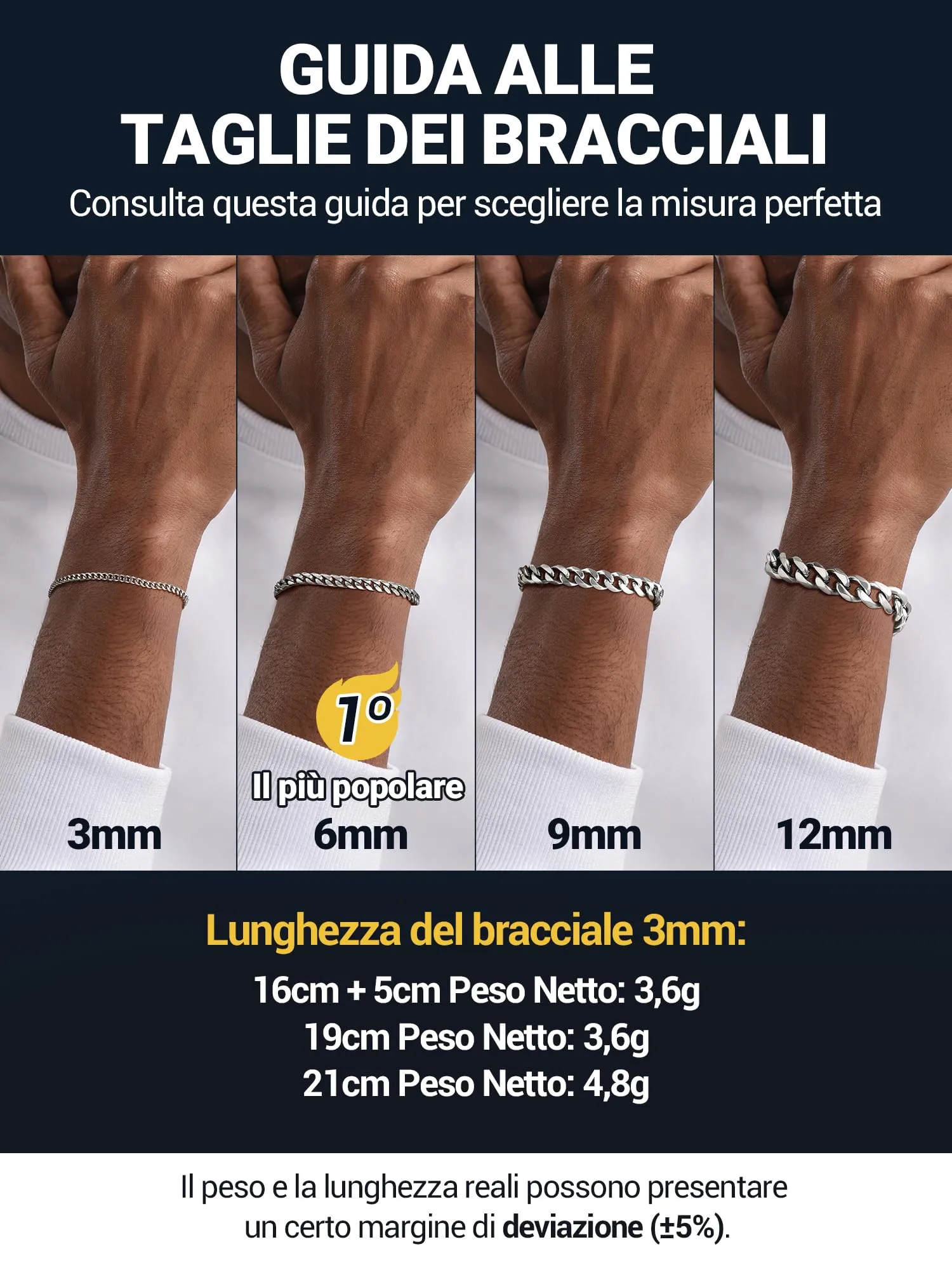 PROSTEEL Bracciale a Catena Sottile da Uomo in Acciaio Inossidabile, Argento 3.5mm, Lunghezza 21cm - immagine 5