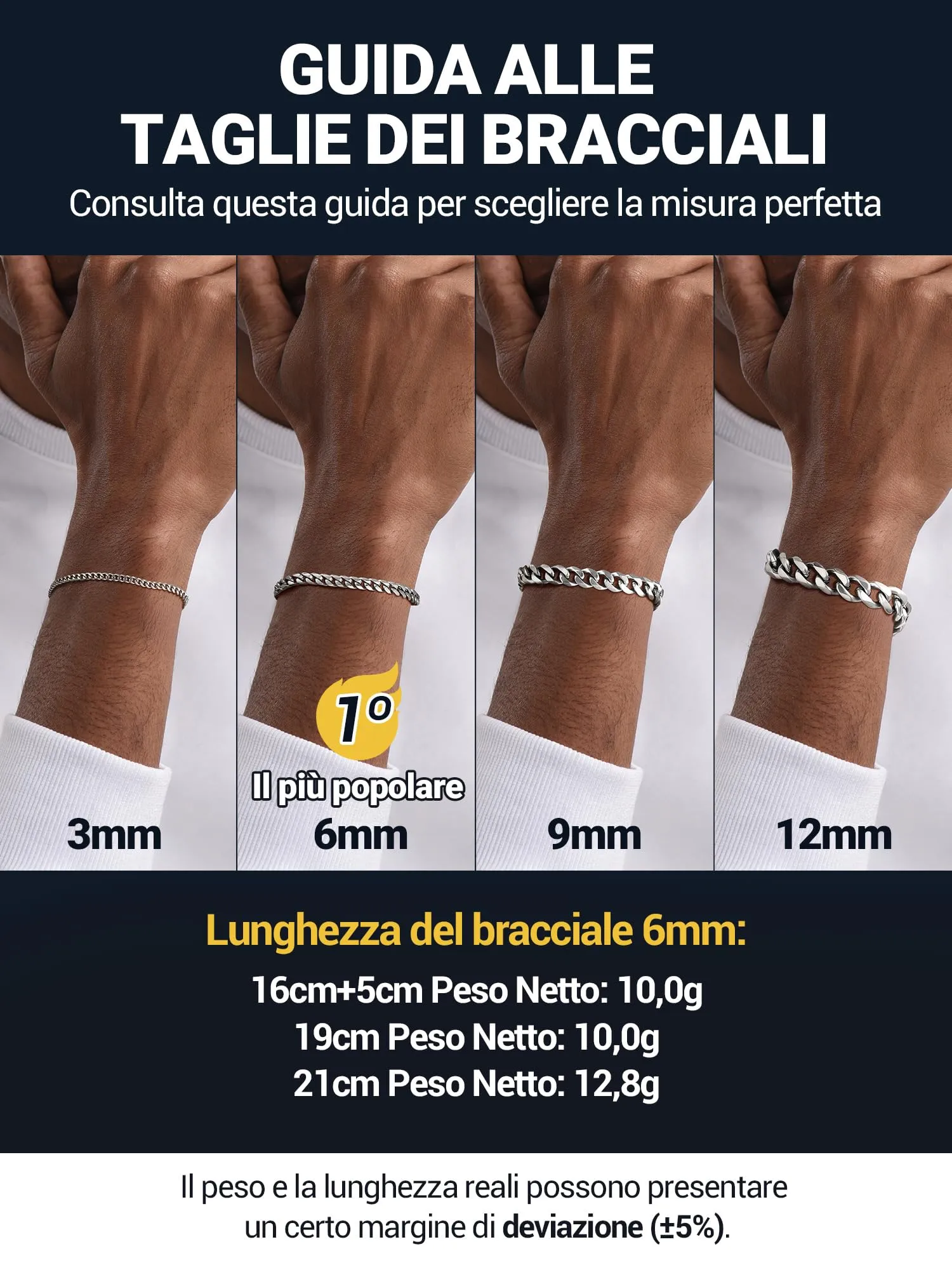 PROSTEEL Bracciale a Catena da Uomo in Acciaio Argento 6mm 21cm - immagine 6