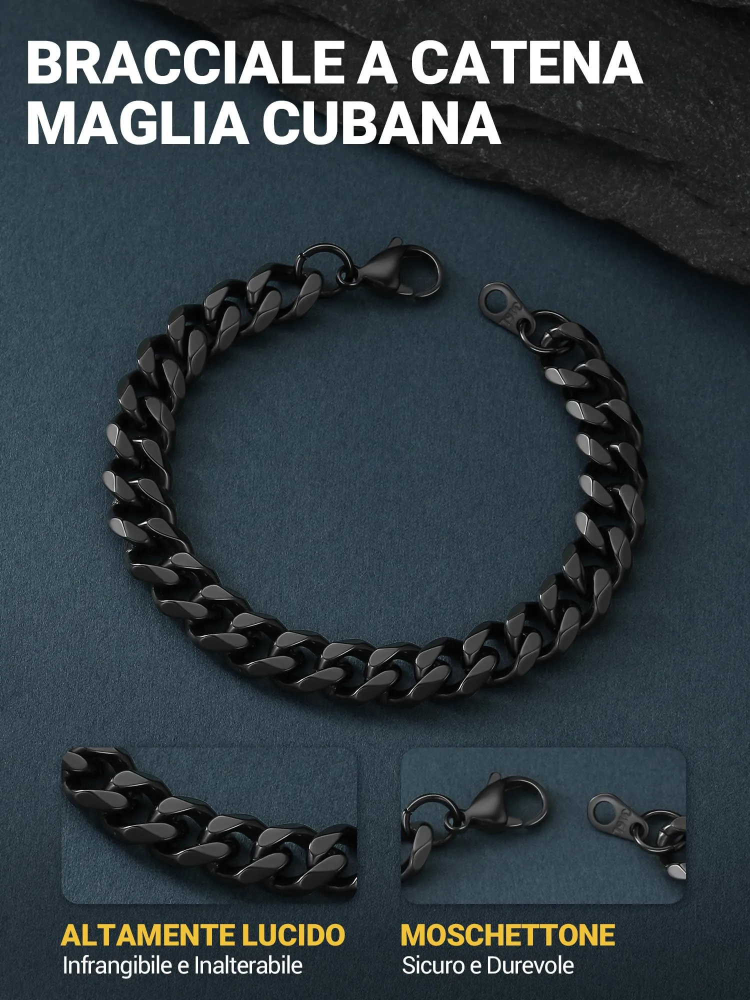 PROSTEEL Bracciale a Catena Uomo in Acciaio Inossidabile, Nero, 9mm, Lunghezza 21cm - immagine 3