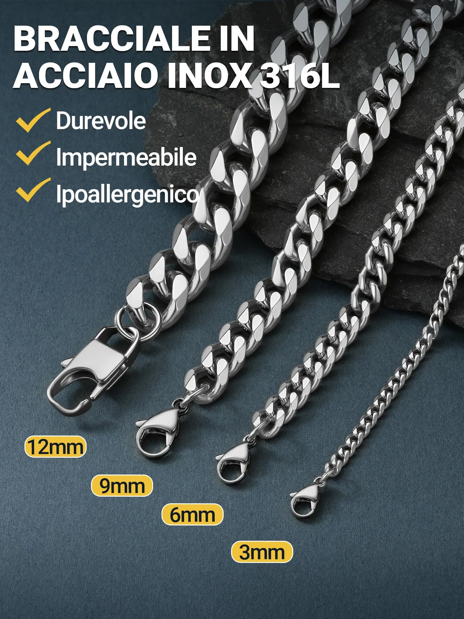 PROSTEEL Bracciale a Catena da Uomo in Acciaio Colore Argento 6mm 16cm - immagine 3