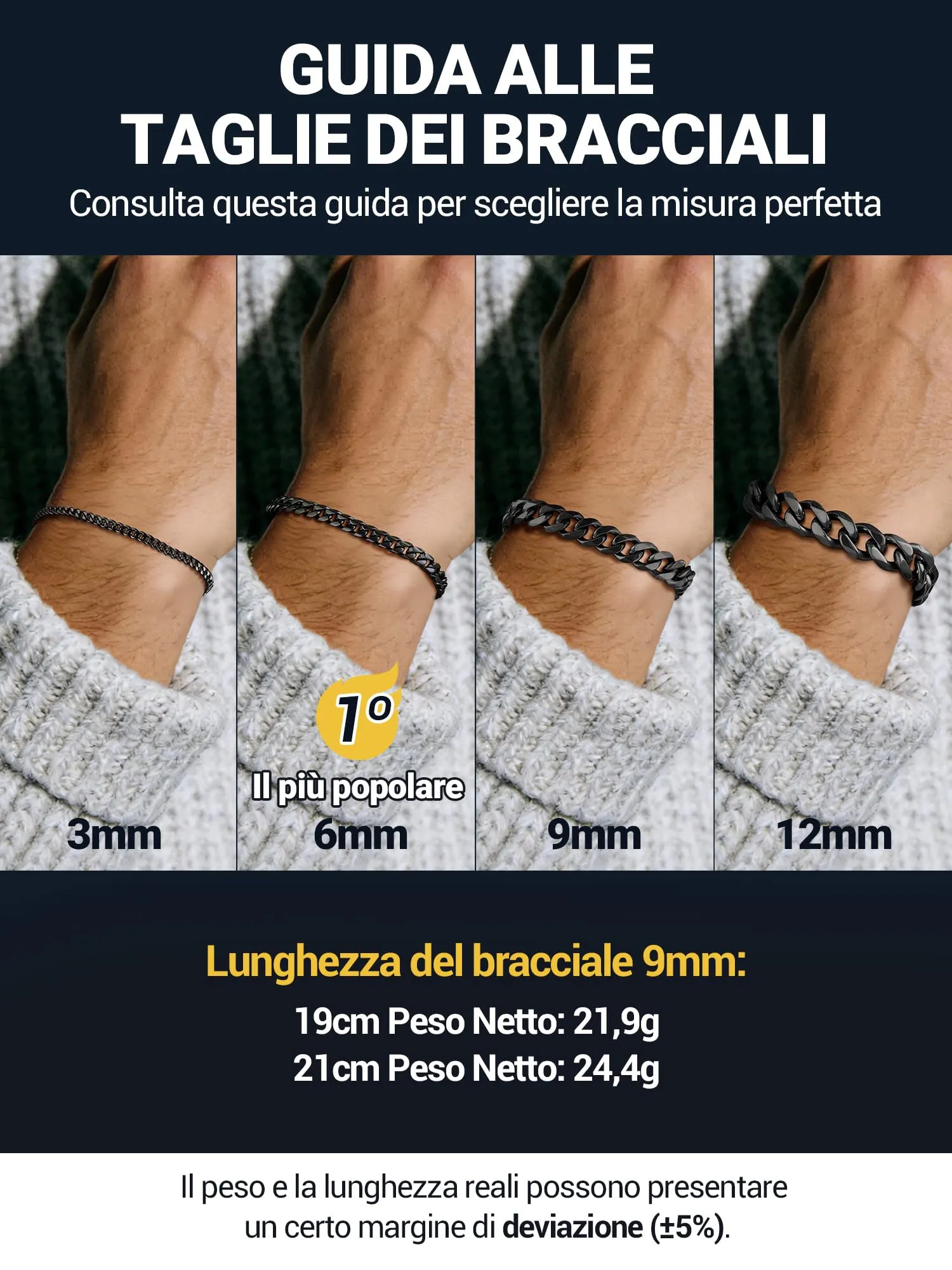 PROSTEEL Bracciale a Catena Uomo in Acciaio Inossidabile Nero 9mm 19cm - immagine 6
