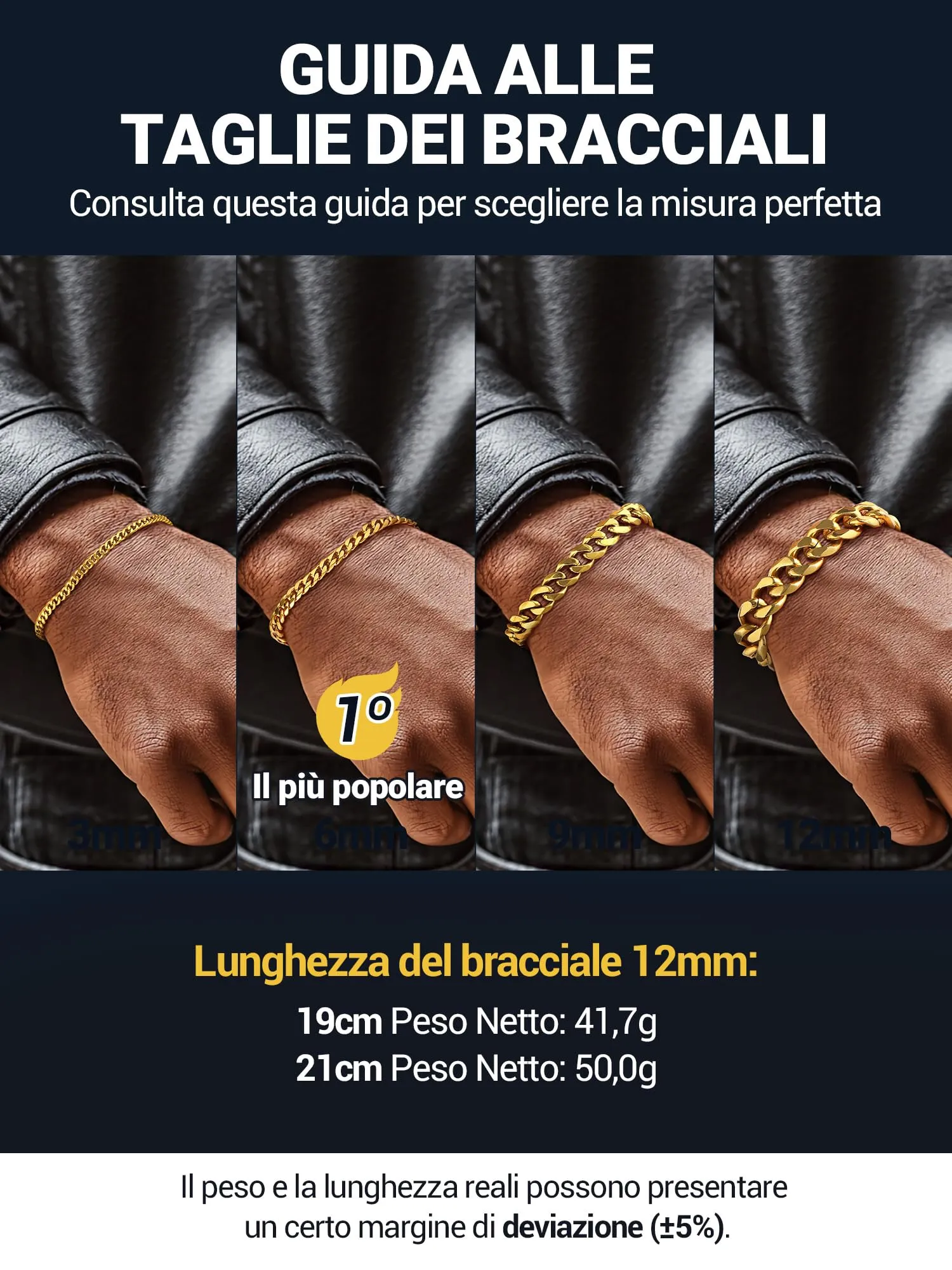 PROSTEEL Bracciale a Catena Robusto in Acciaio per Uomo, Colore Oro, 12mm, 19 cm - immagine 5
