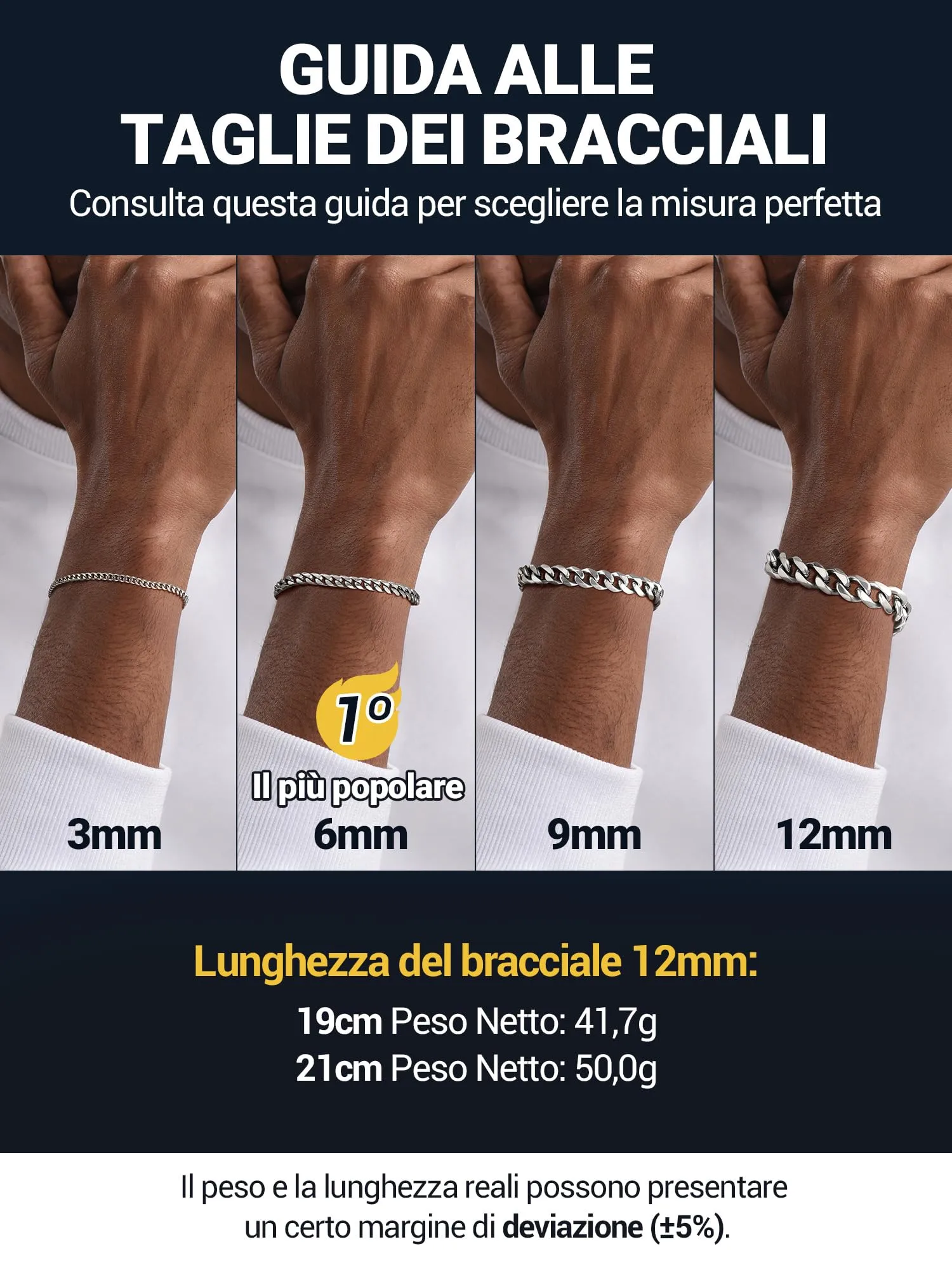 PROSTEEL Bracciale a Catena Robusto da Uomo in Acciaio, Colore Argento, 12mm, 19 cm - immagine 3