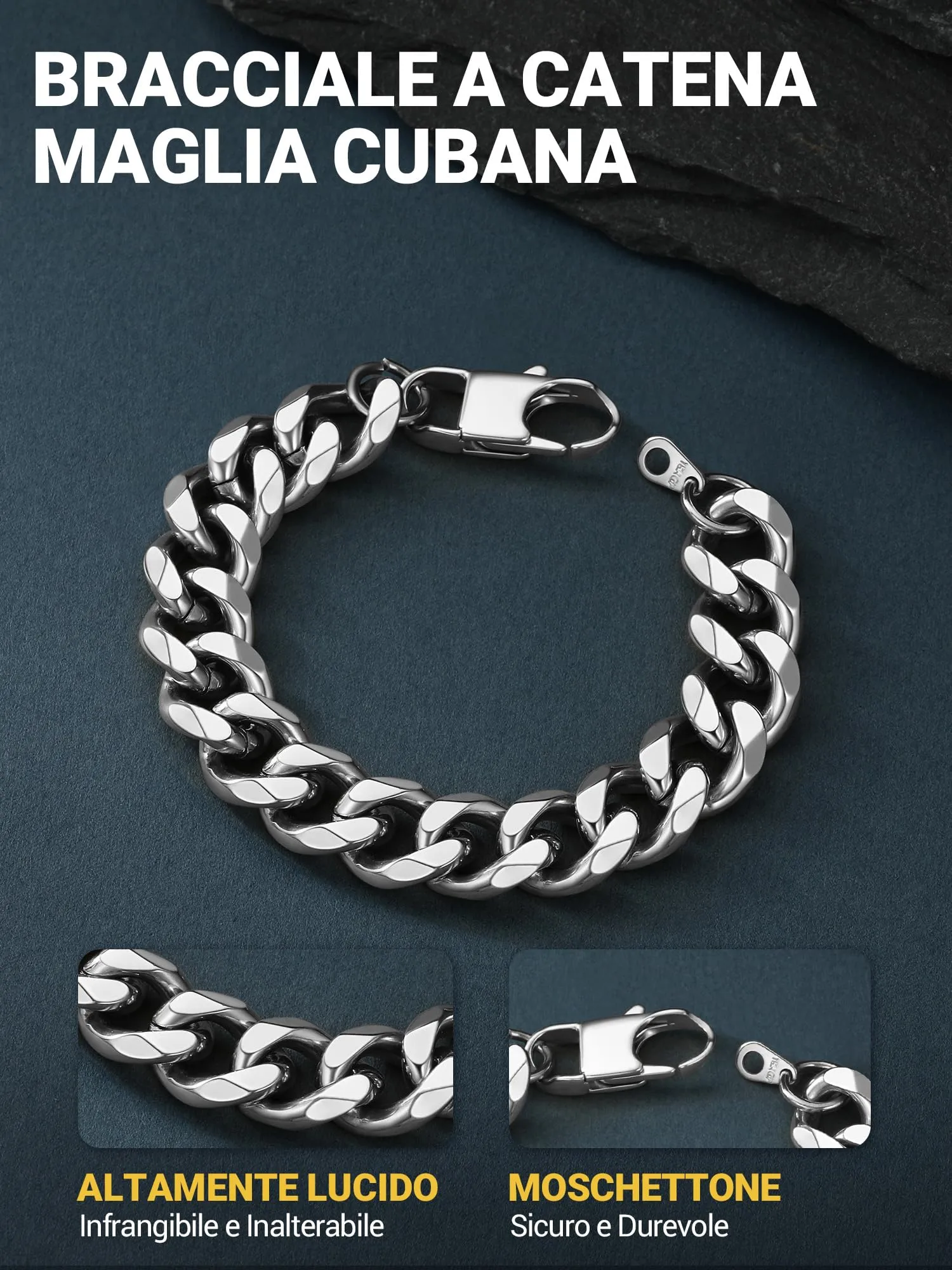 PROSTEEL Bracciale a Catena Robusto da Uomo in Acciaio, Colore Argento, 12mm, 19 cm - immagine 7