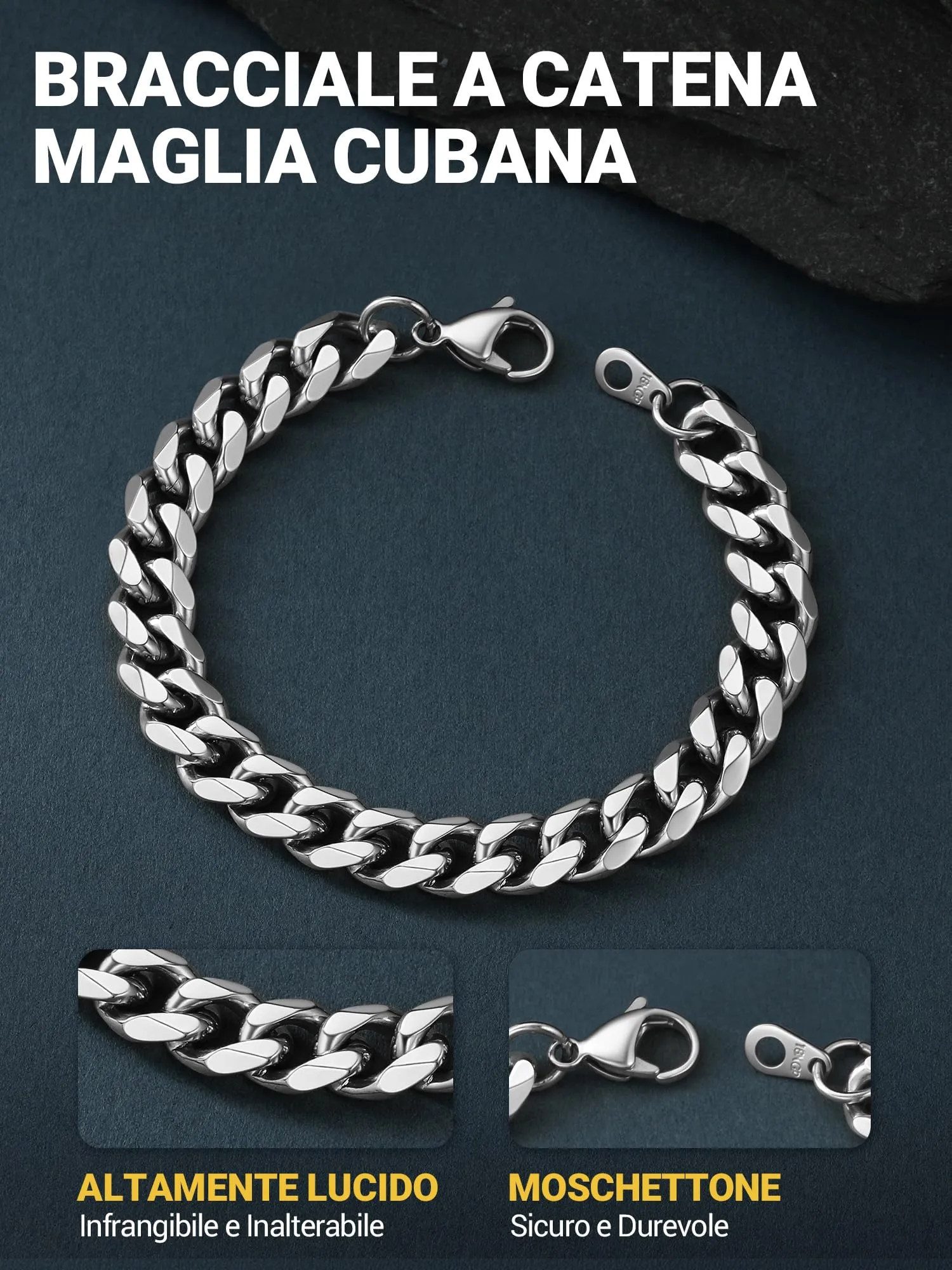 PROSTEEL Bracciale a Catena da Uomo in Acciaio, Colore Argento, 9mm, Lunghezza 19cm - immagine 3