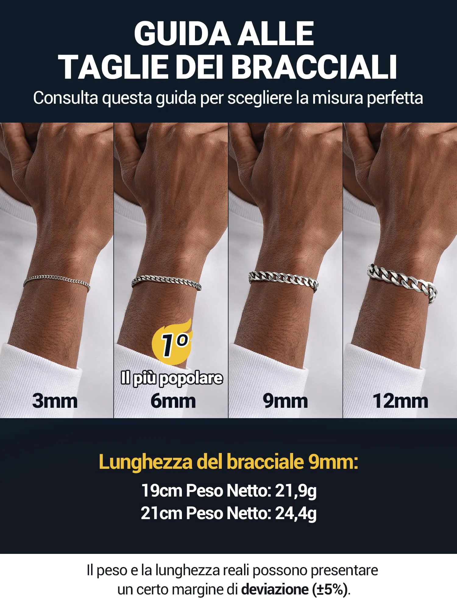 PROSTEEL Bracciale a Catena da Uomo in Acciaio, Colore Argento, 9mm, Lunghezza 19cm - immagine 5