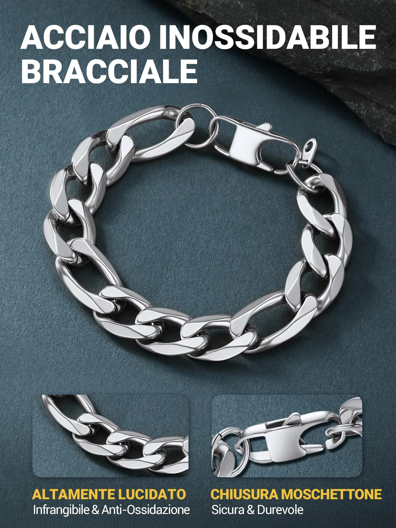 PROSTEEL Braccialetto Catena Figaro 3 in 1, 13mm Argento, Acciaio Inossidabile, 19 cm - immagine 5