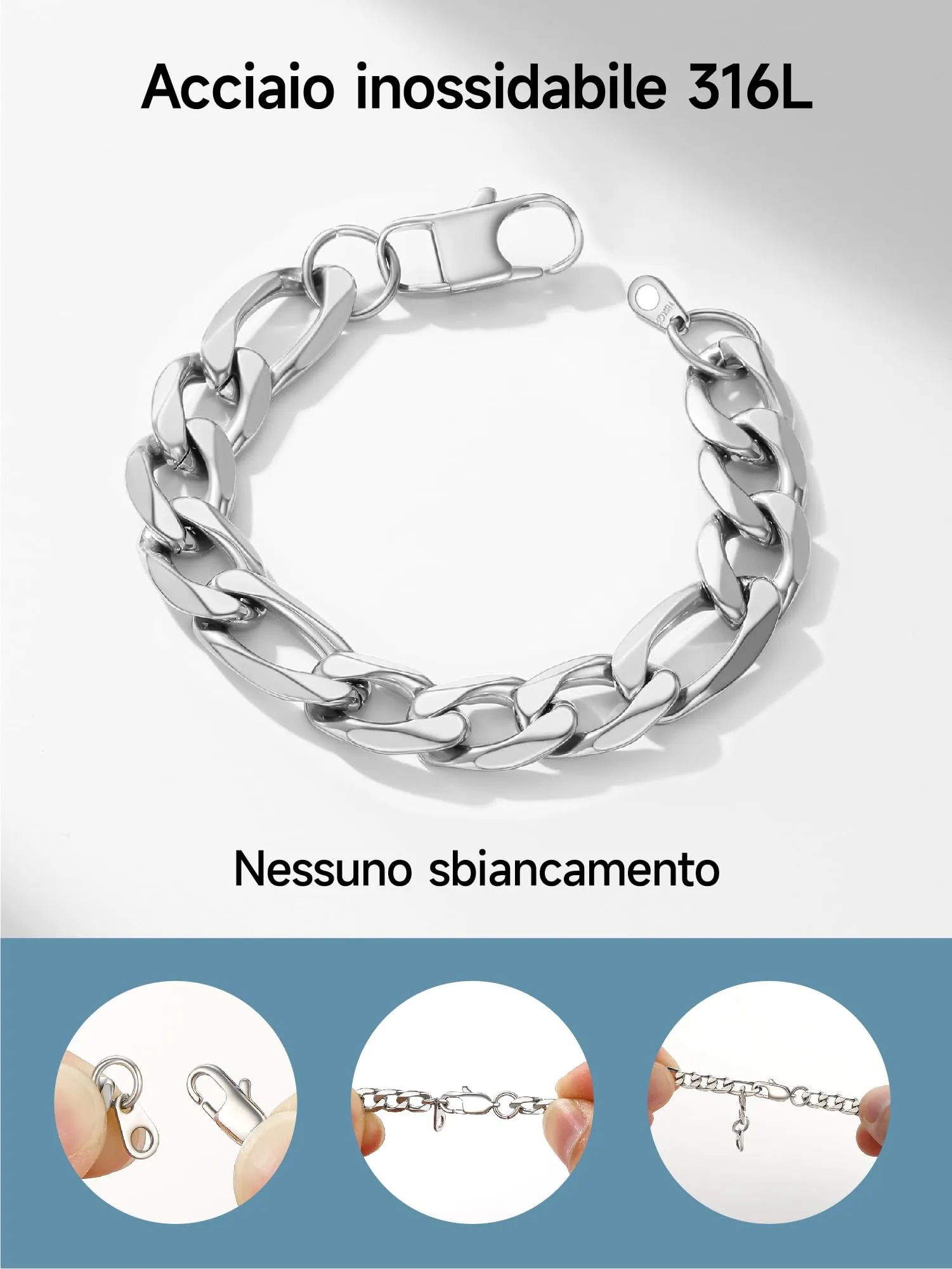 PROSTEEL Braccialetto Catena Figaro 3 in 1, 13mm Argento, Acciaio Inossidabile, 19 cm - immagine 8