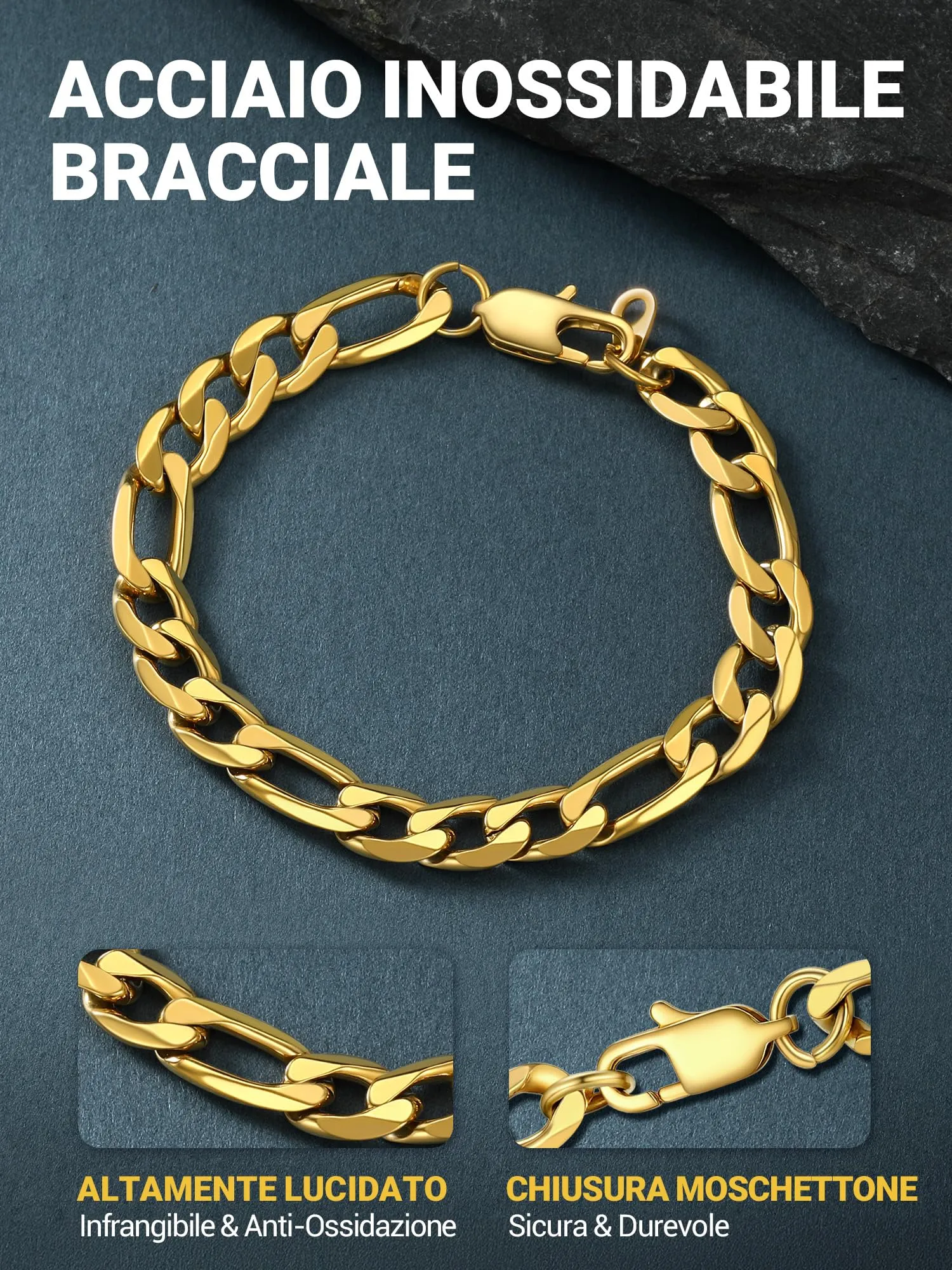 Prosteel Bracciale Catena Figaro 3 in 1 Oro 9mm - immagine 6