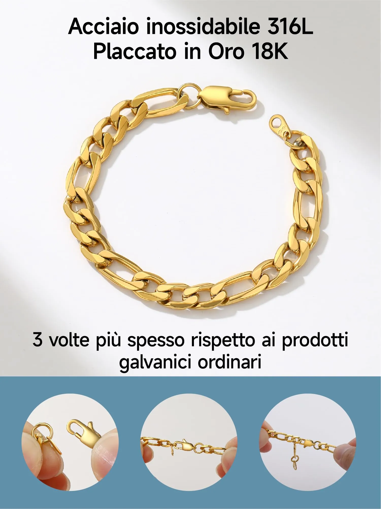 PROSTEEL Bracciale Catena Figaro 3 in 1 09mm Oro per Uomo e Donna - immagine 8