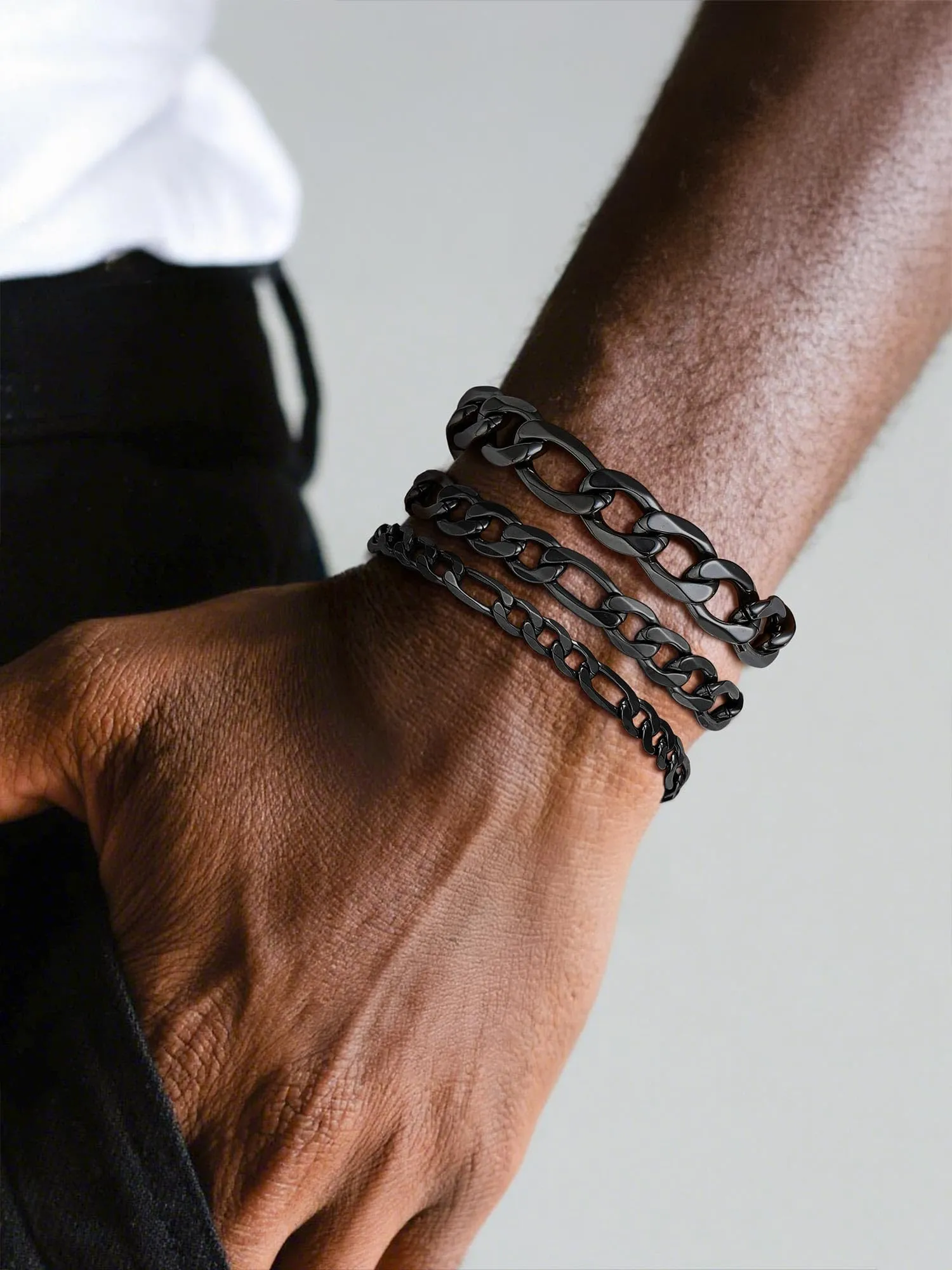 PROSTEEL Braccialetto Catena Figaro 3 in 1 Nero 13mm Argento per Uomo - immagine 2