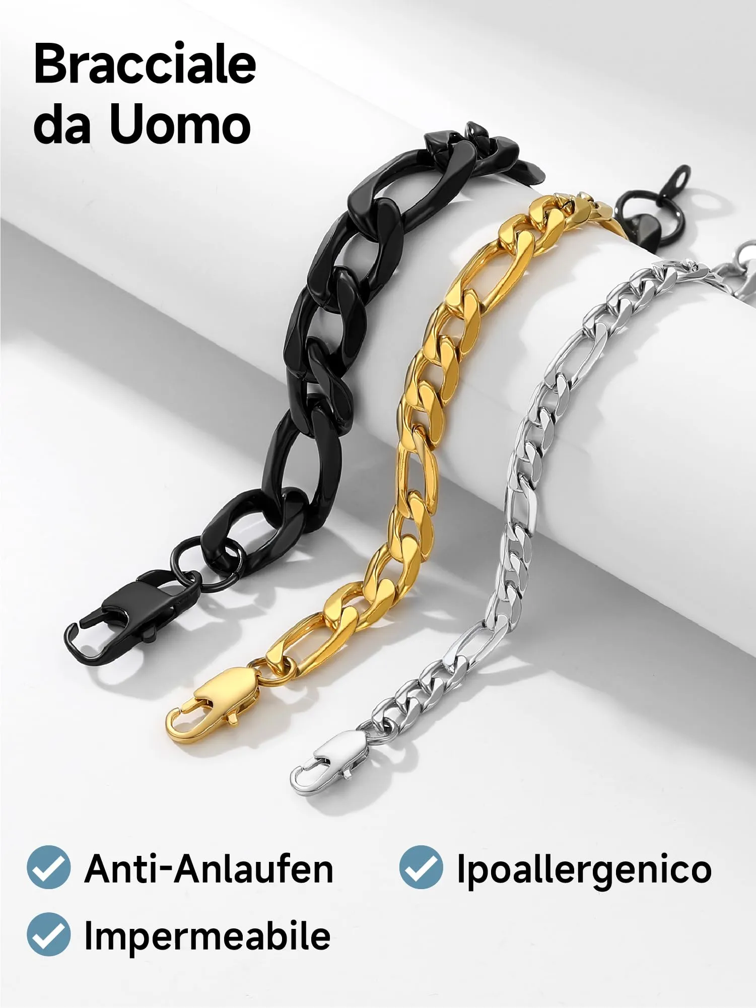 PROSTEEL Braccialetto Catena Figaro 3 in 1 Nero 13mm Argento per Uomo - immagine 8