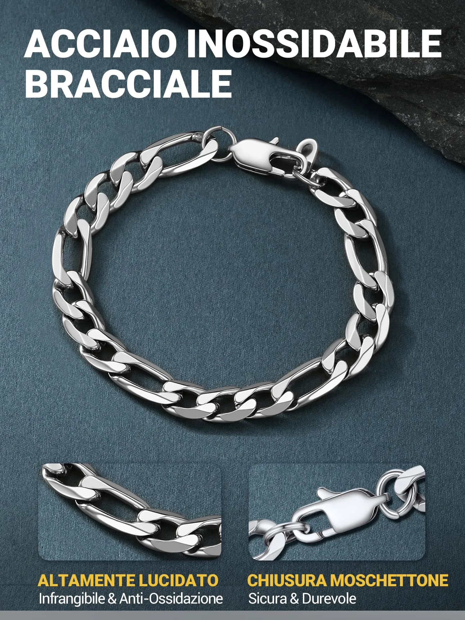PROSTEEL Braccialetto Catena Figaro 3 in 1 Argento 9mm - immagine 2