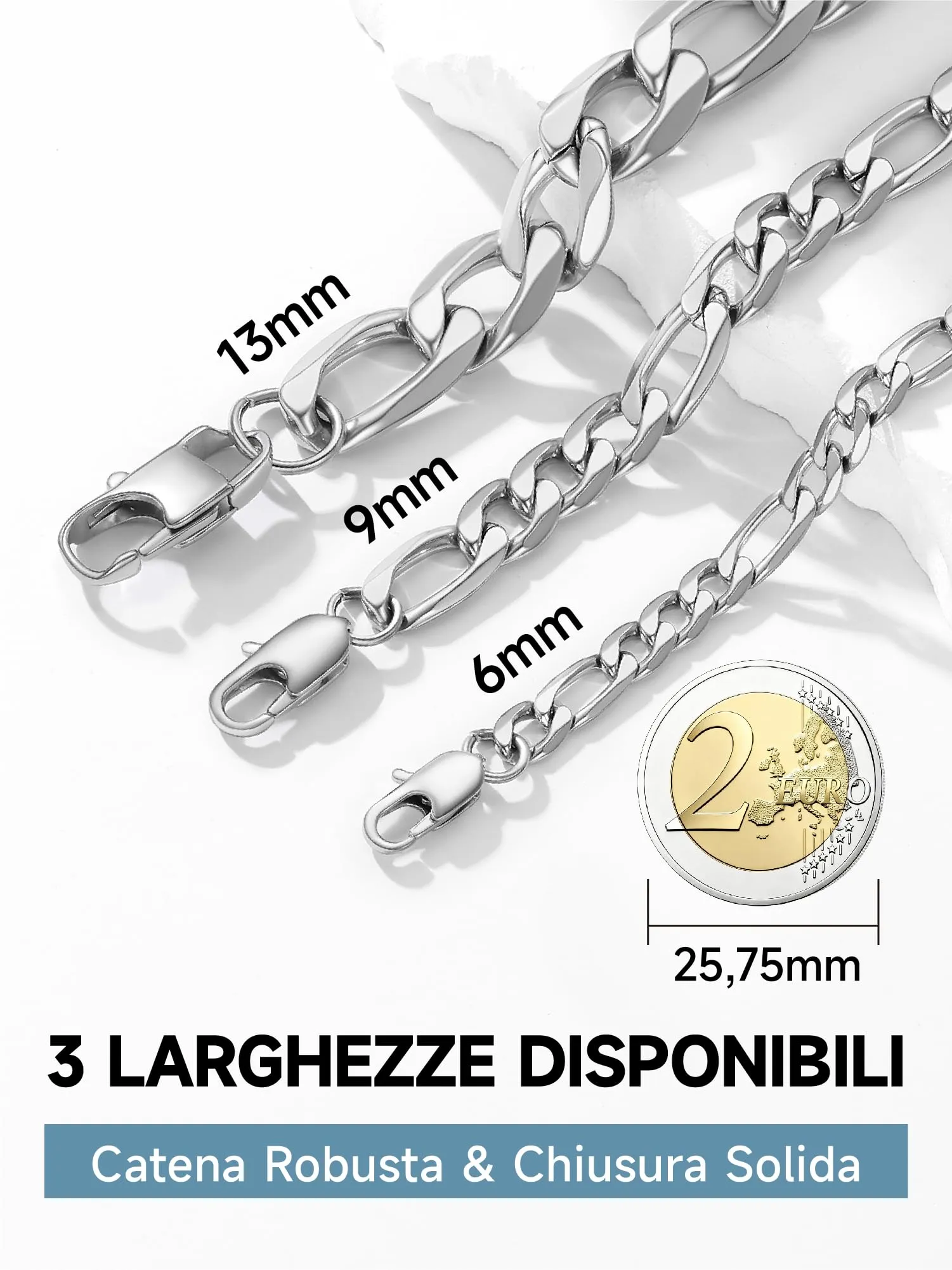 PROSTEEL Braccialetto Catena Figaro 3 in 1 Argento 9mm - immagine 7