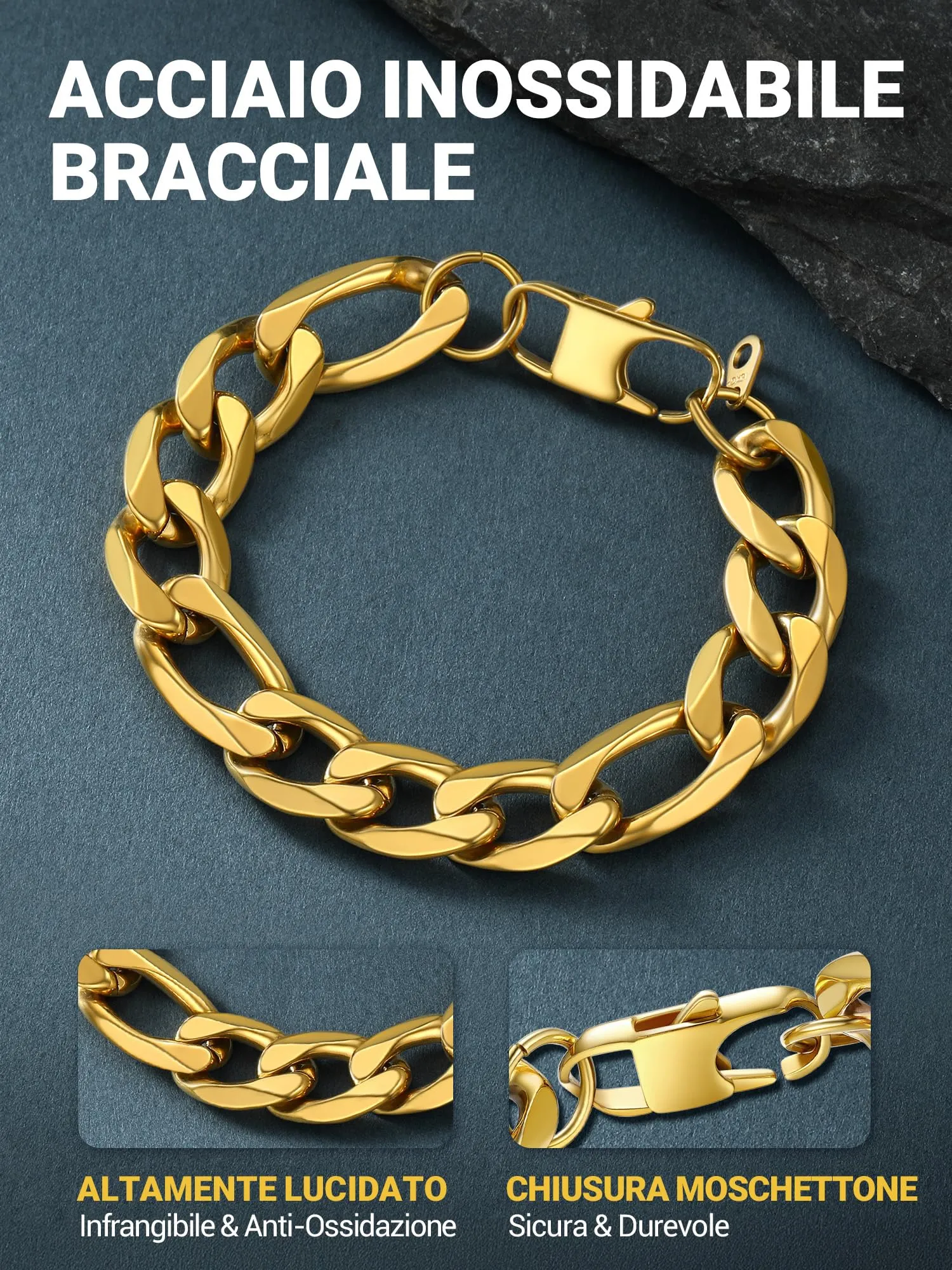 PROSTEEL Braccialetto Catena Figaro 3 in 1, 13mm Oro, Acciaio Inox, 21 cm - immagine 3