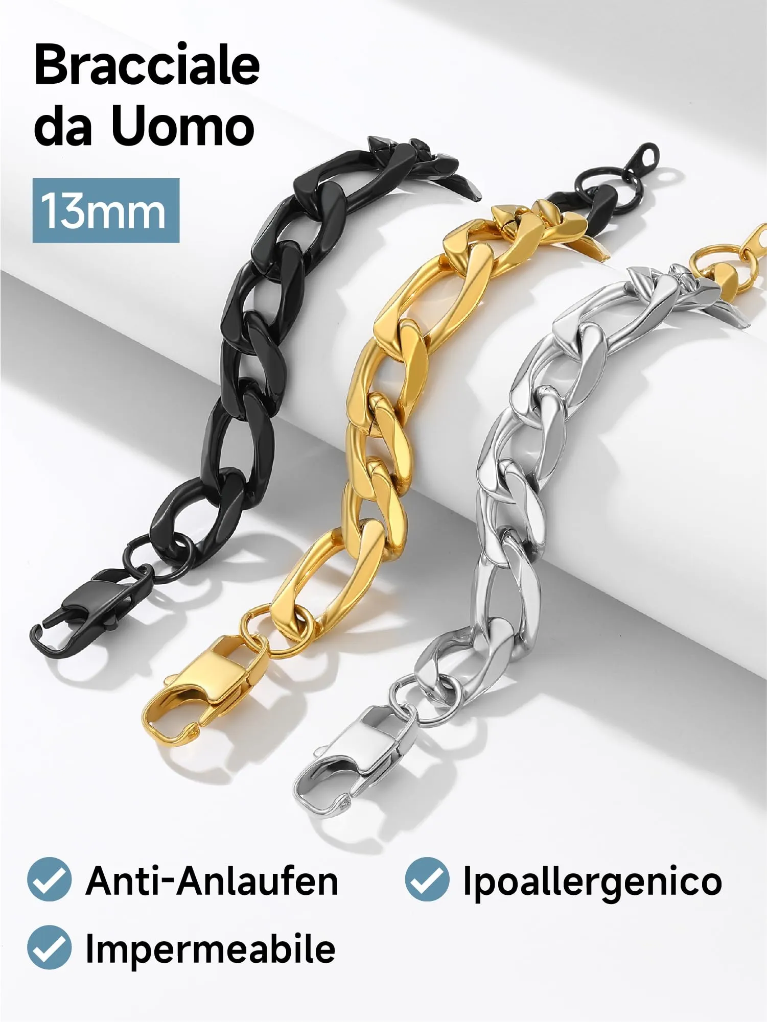 PROSTEEL Braccialetto Catena Figaro 3 in 1, 13mm Oro, Acciaio Inox, 21 cm - immagine 7