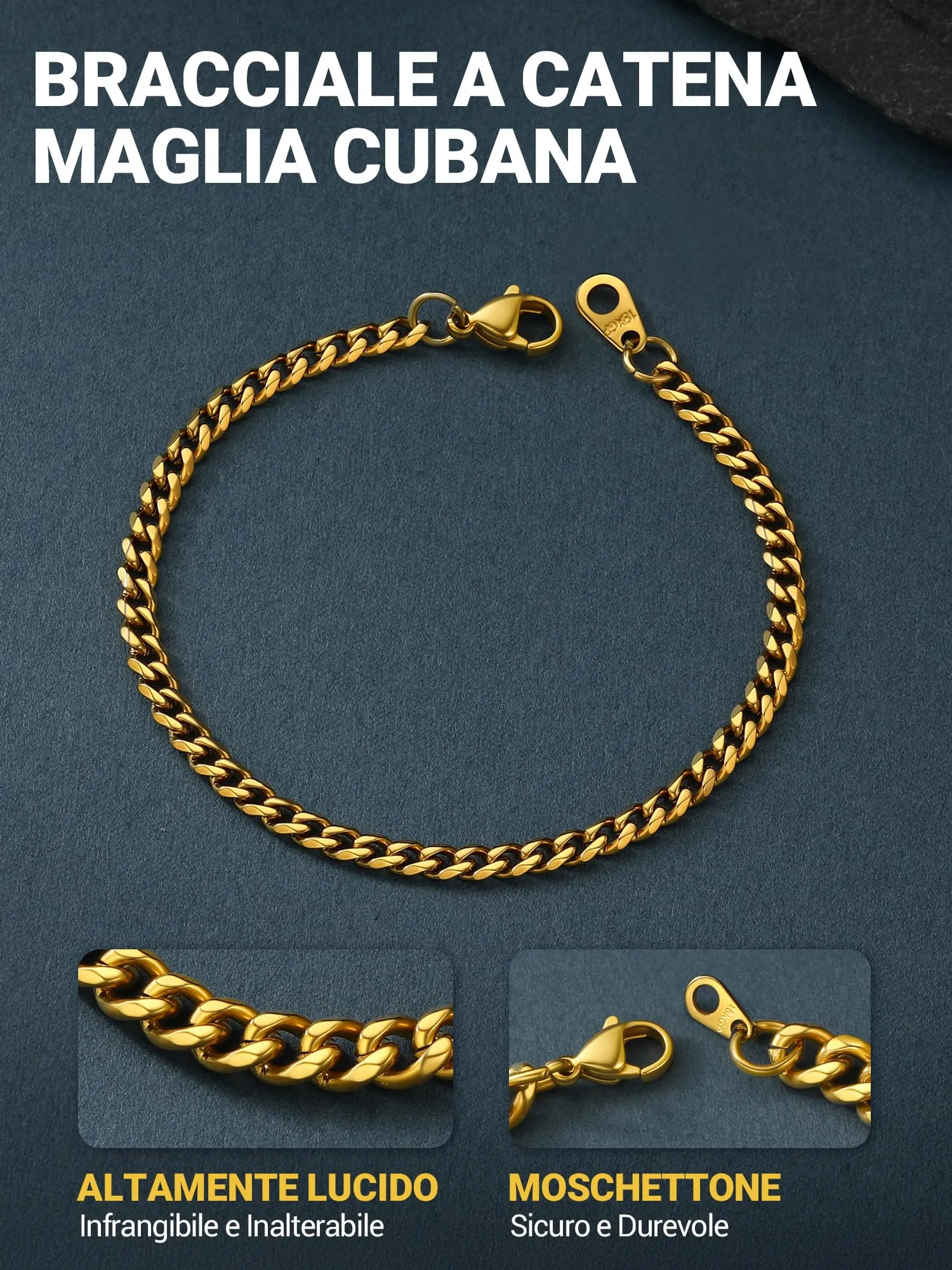 PROSTEEL Bracciale a Catena Sottile da Uomo, Acciaio, Colore Oro, 3.5mm, Lunghezza 21cm - immagine 7