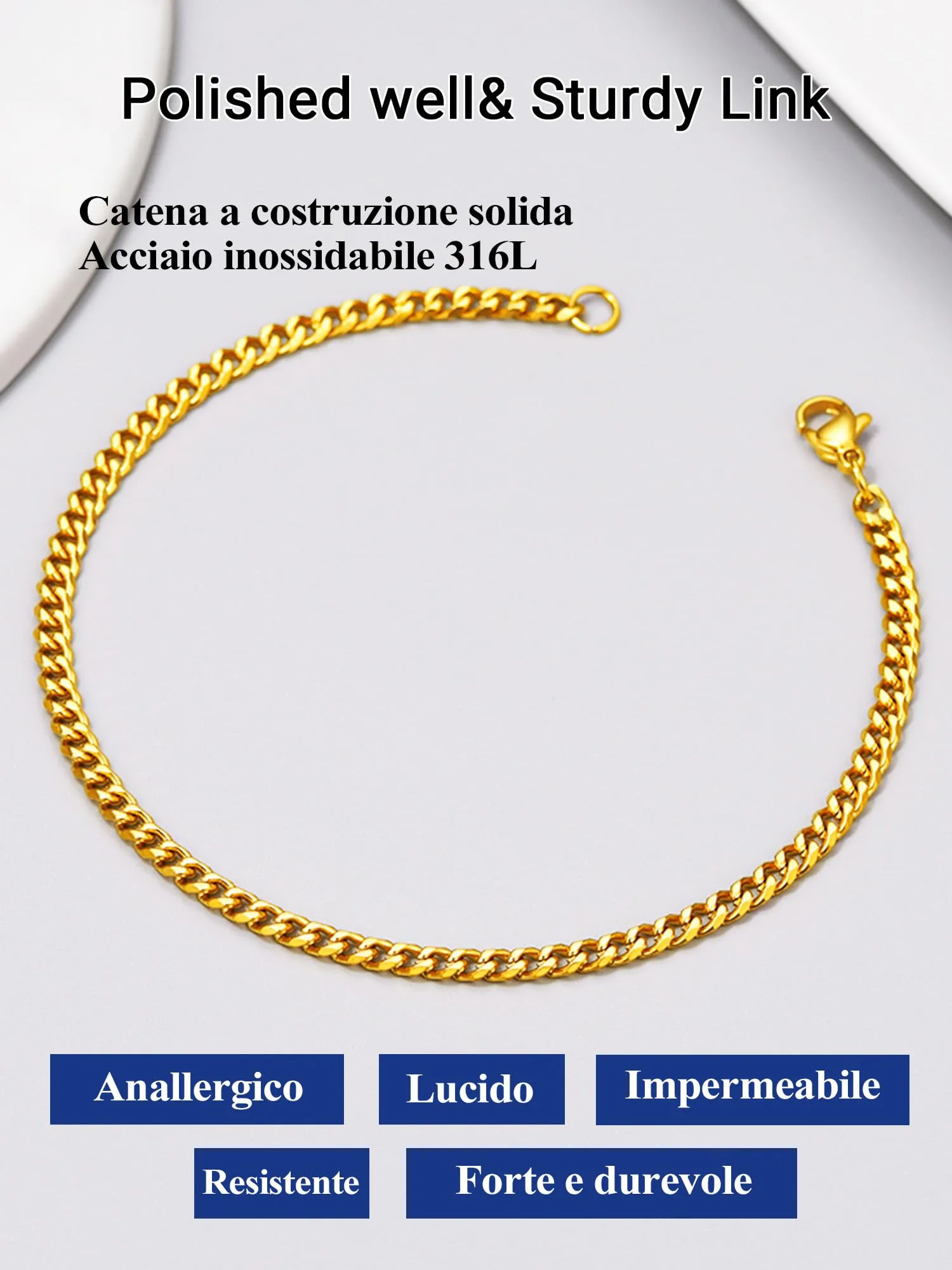 PROSTEEL Bracciale a Catena Sottile da Uomo, Acciaio, Colore Oro, 3.5mm, Lunghezza 21cm - immagine 8