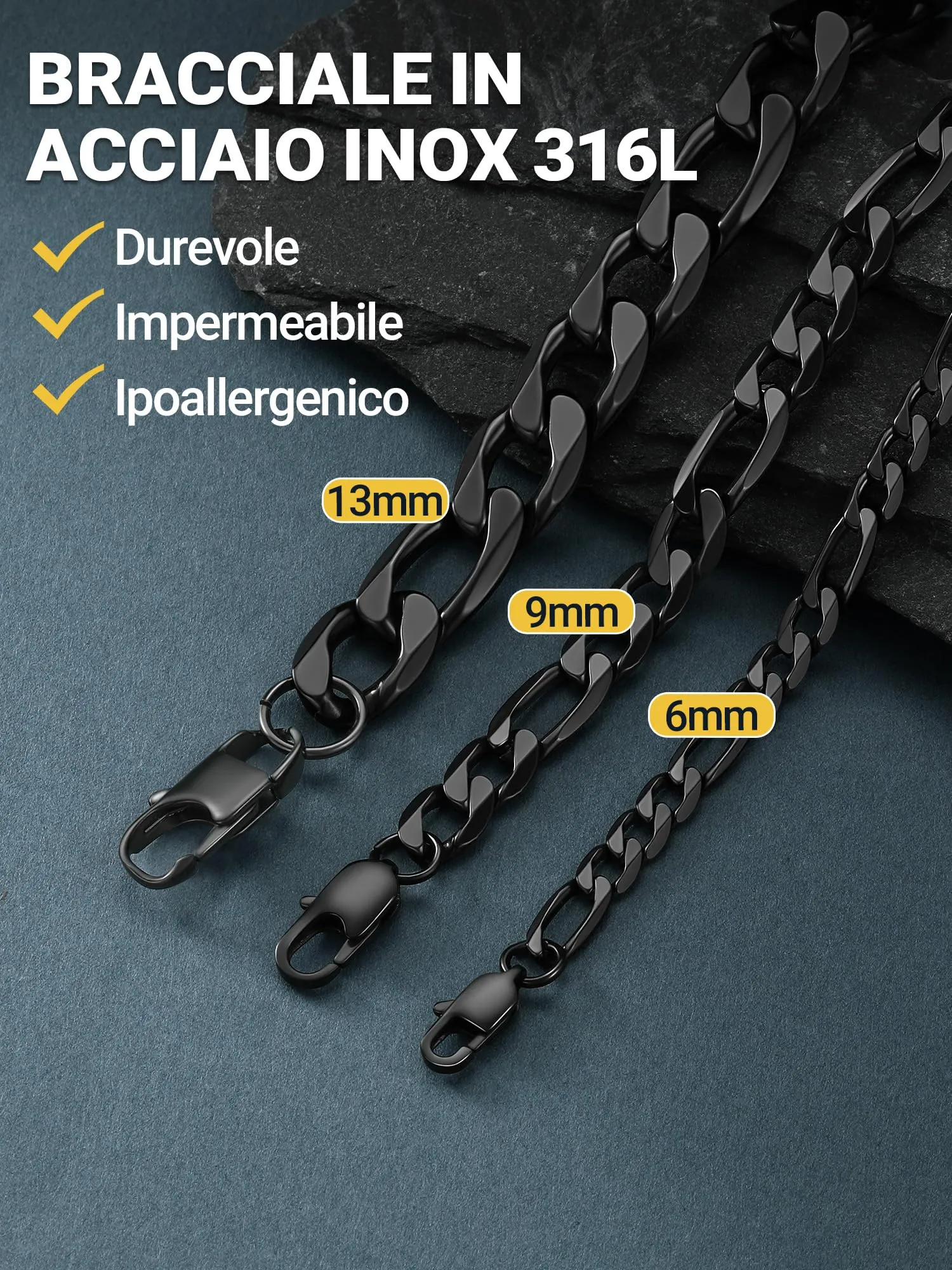 PROSTEEL Braccialetto Catena Figaro 3 in 1 Nero 6mm Acciaio Inossidabile - immagine 4