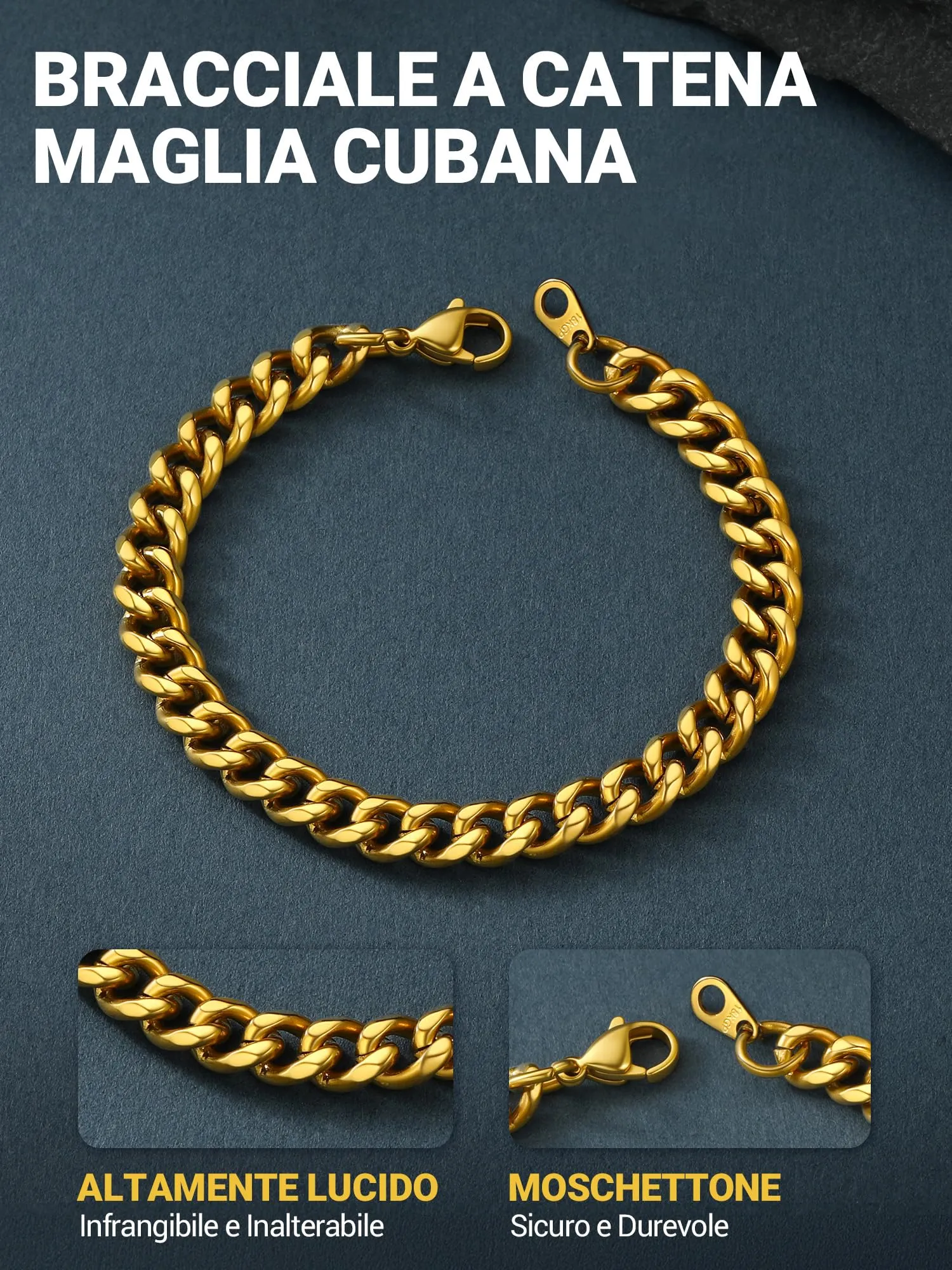 PROSTEEL Bracciale a Catena Sottile da Uomo in Acciaio, Colore Oro, 6mm, Lunghezza 21cm - immagine 3