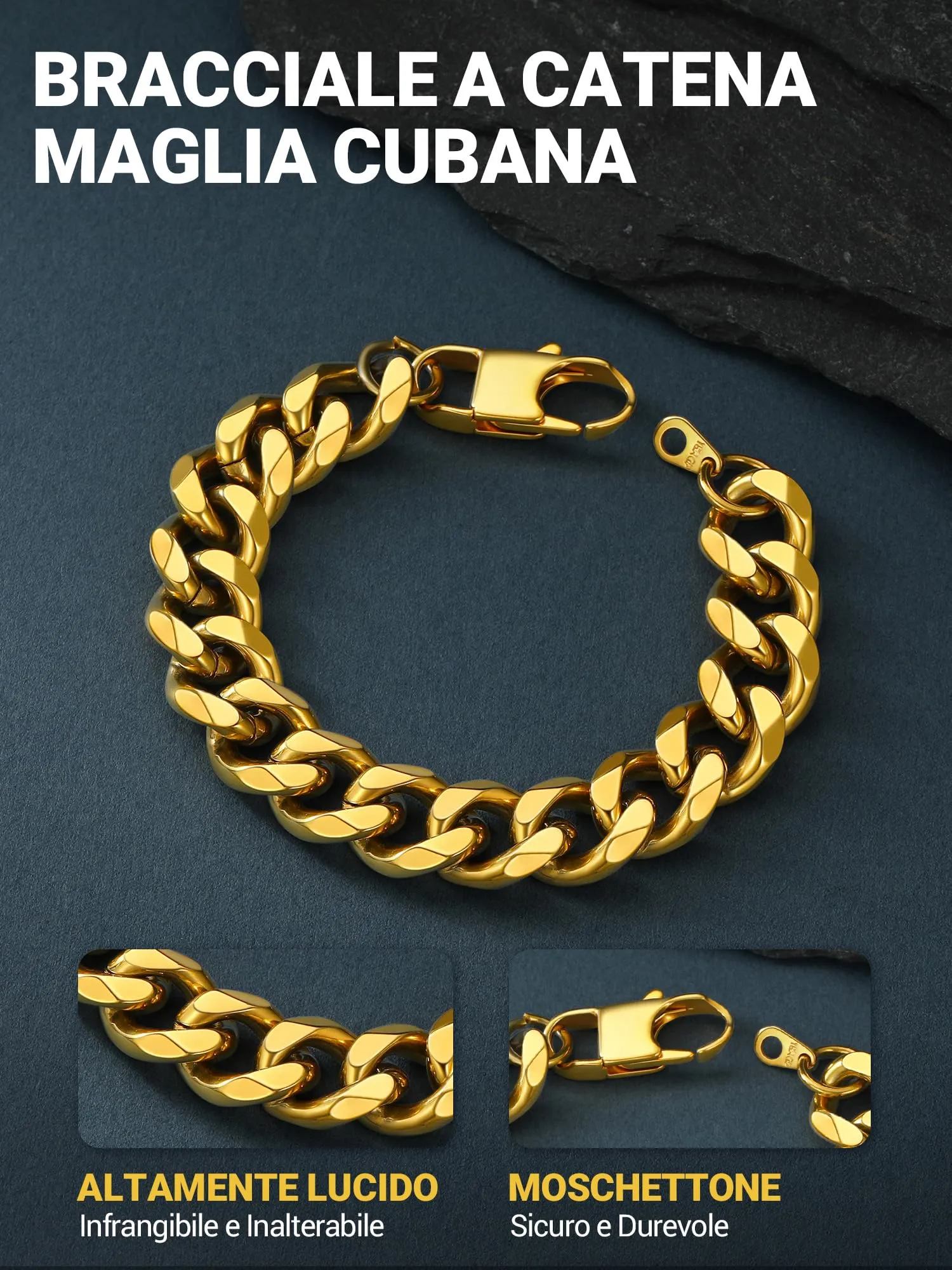 PROSTEEL Bracciale a Catena Robusto da Uomo, Acciaio Inossidabile, Colore Oro, 12mm, Lunghezza 21cm - immagine 3