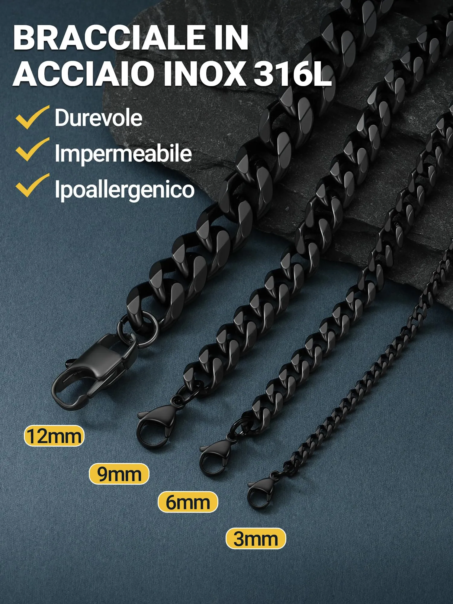 PROSTEEL Bracciale a Catena Robusto in Acciaio per Uomo, Nero, 12mm, 21cm - immagine 3