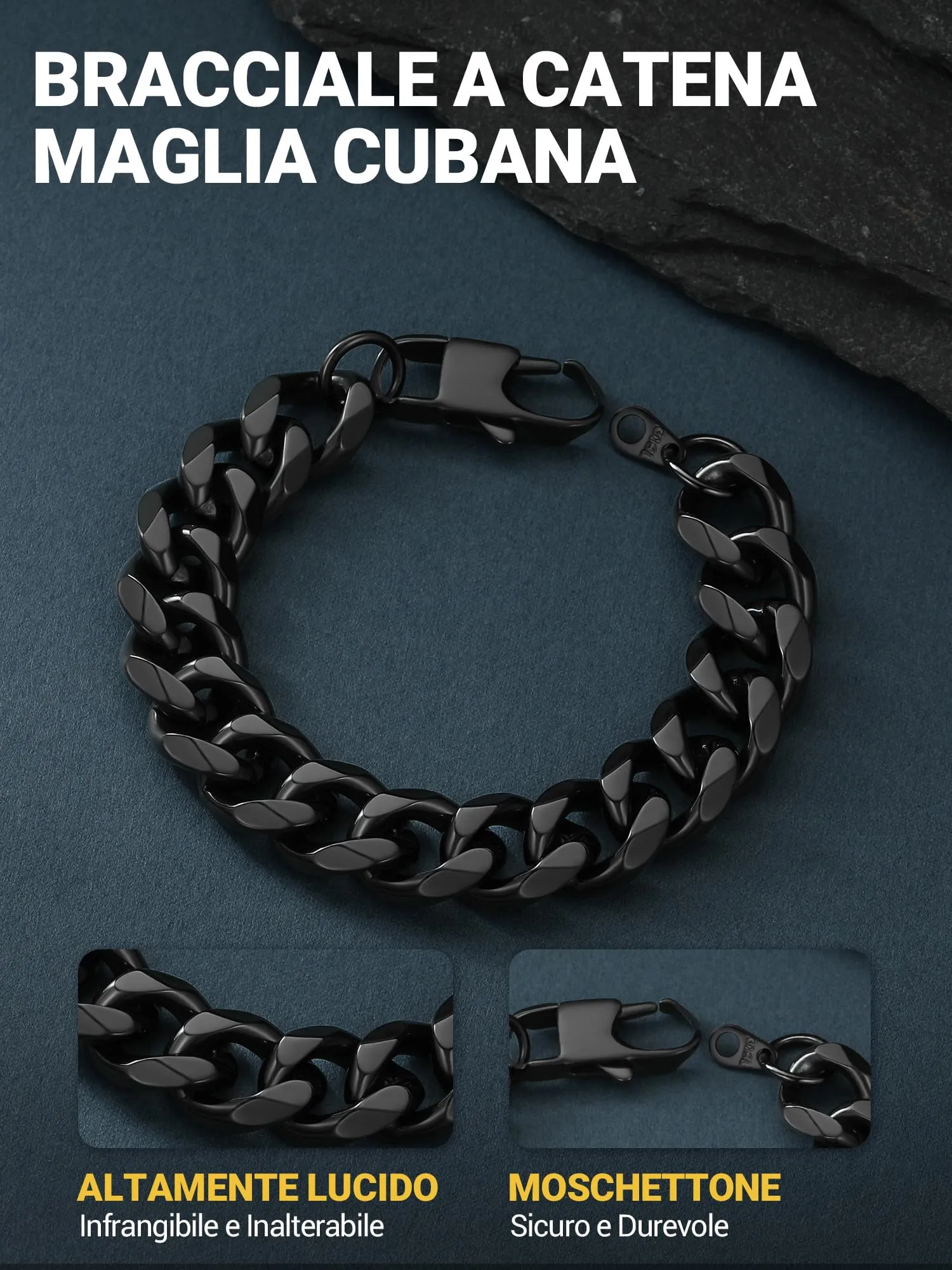 PROSTEEL Bracciale a Catena Robusto in Acciaio per Uomo, Nero, 12mm, 21cm - immagine 5