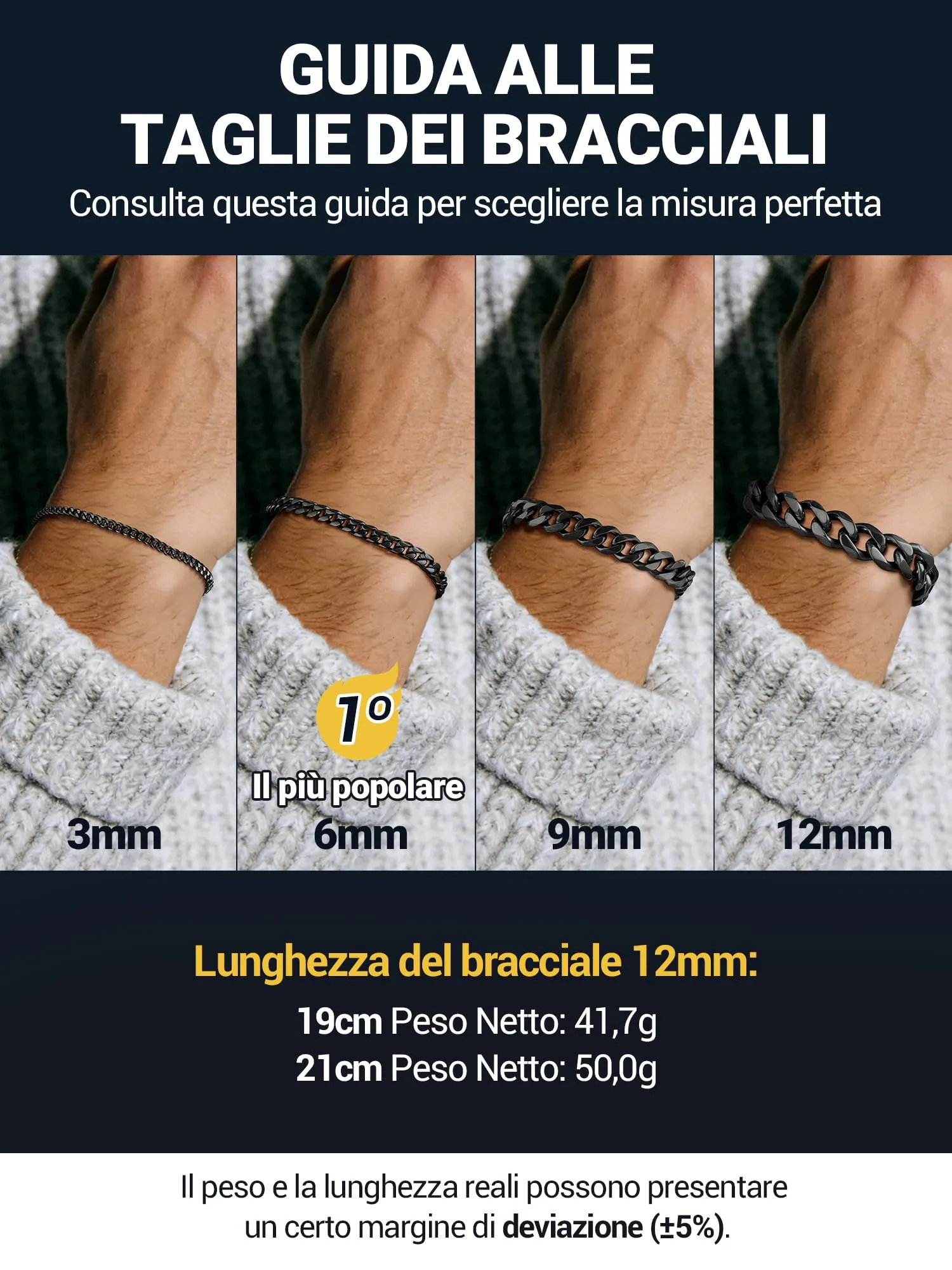 PROSTEEL Bracciale a Catena Robusto in Acciaio per Uomo, Nero, 12mm, 21cm - immagine 6