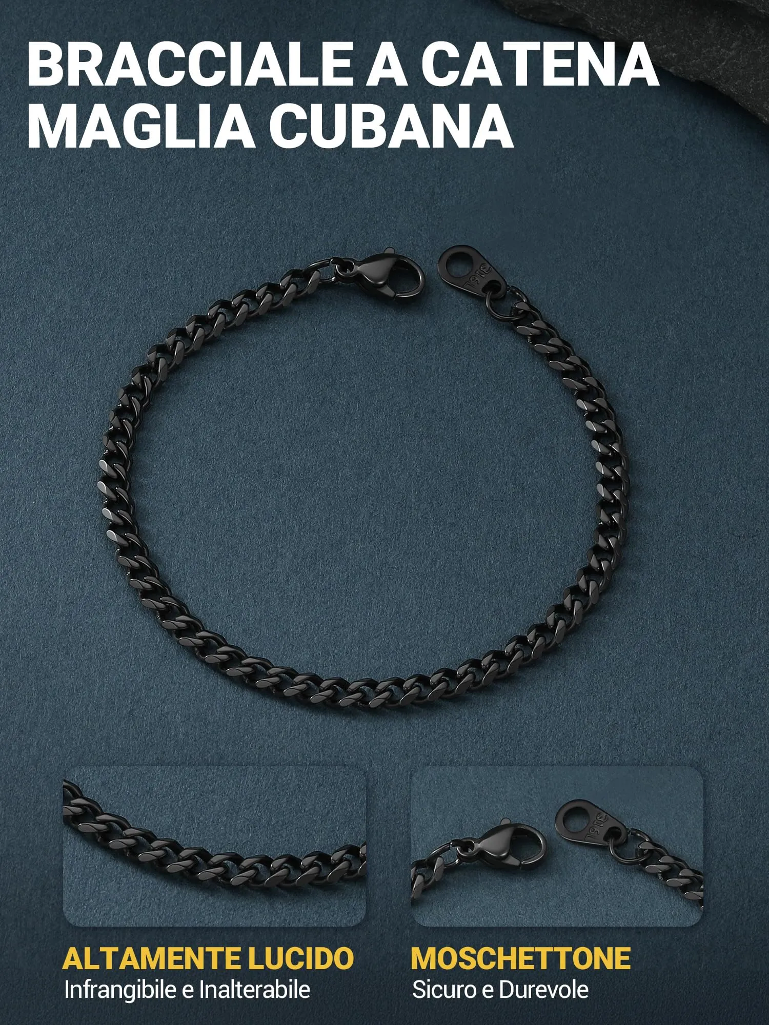 PROSTEEL Bracciale da Uomo a Catena Sottile in Acciaio Nero 3.5mm 16+5 cm - immagine 3