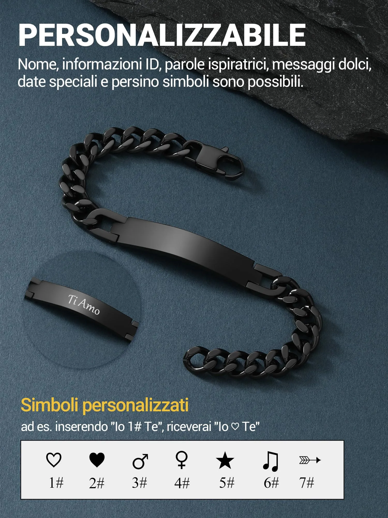 PROSTEEL Bracciale a Catena Cubana Personalizzabile in Acciaio Inossidabile, Nero, 21cm - immagine 3