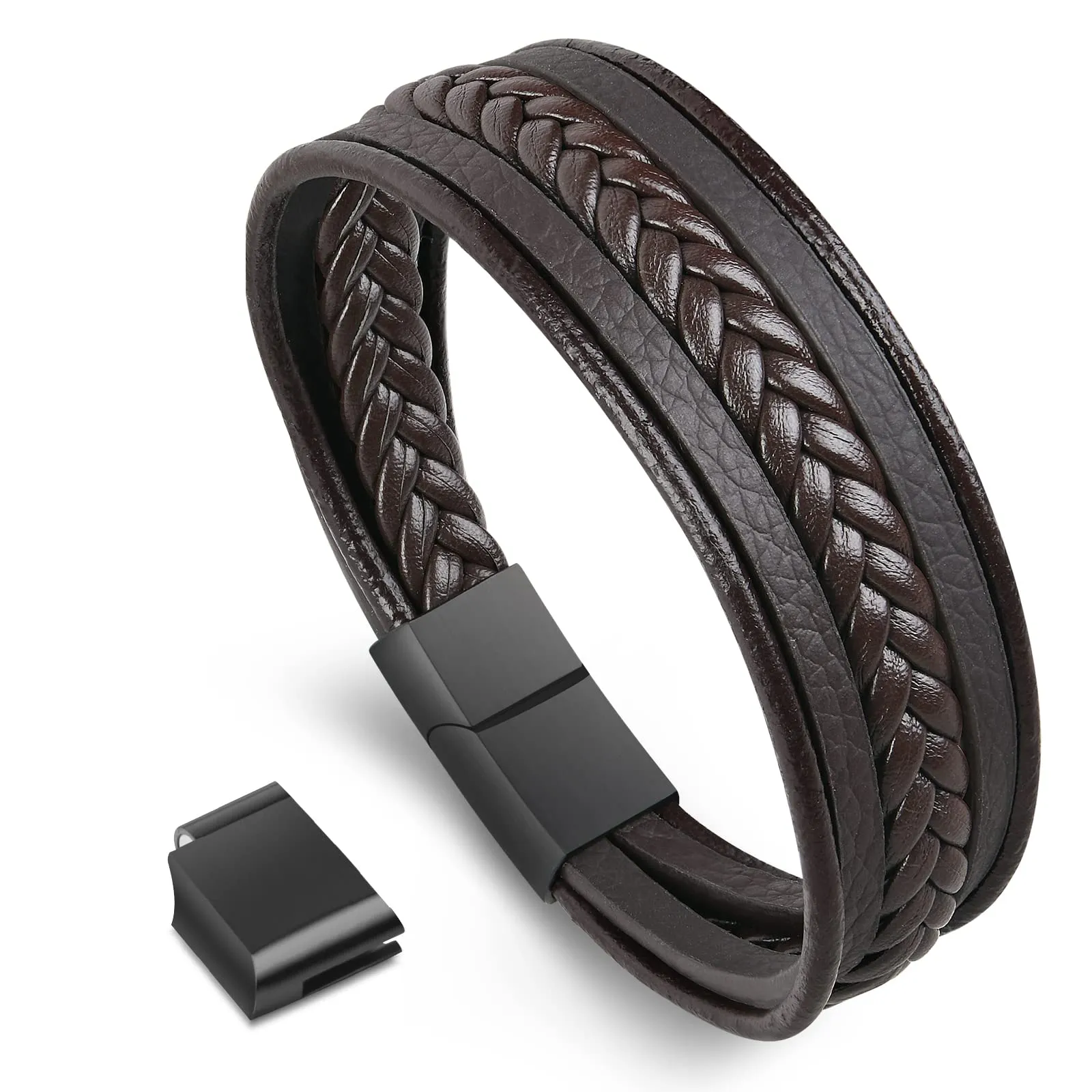 flintronic Bracciale Intrecciato in Pelle con Chiusura Magnetica in Acciaio Inossidabile, 20.5cm-22cm - immagine 1