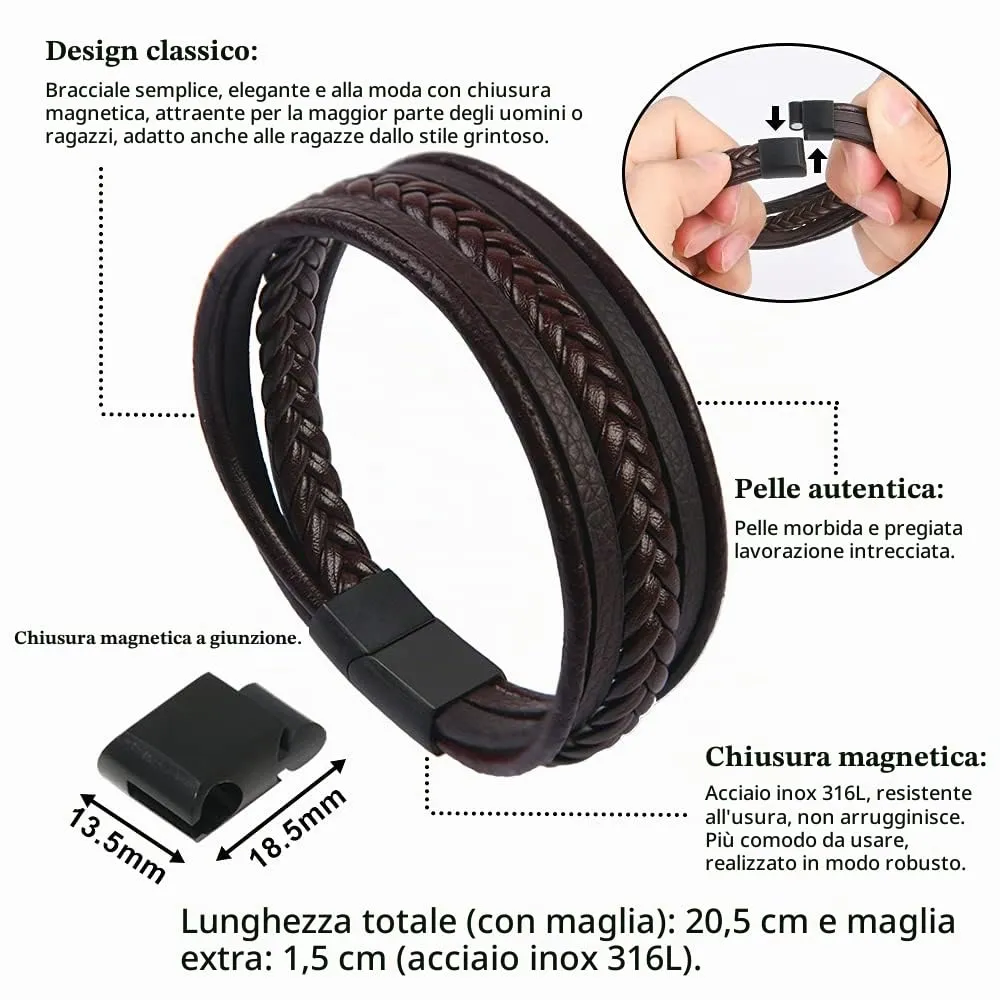 flintronic Bracciale Intrecciato in Pelle con Chiusura Magnetica in Acciaio Inossidabile, 20.5cm-22cm - immagine 2