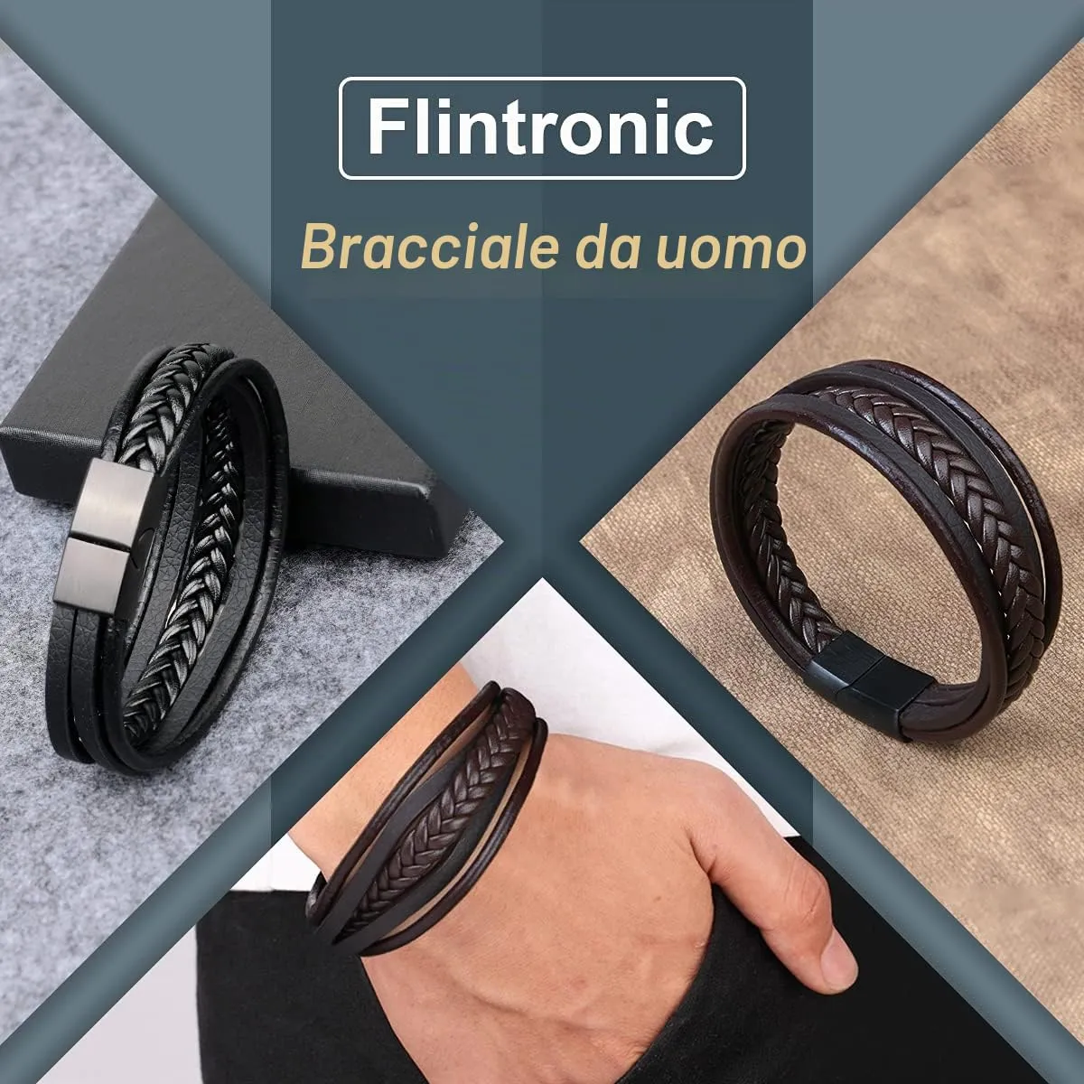 flintronic Bracciale Intrecciato in Pelle con Chiusura Magnetica in Acciaio Inossidabile, 20.5cm-22cm - immagine 3