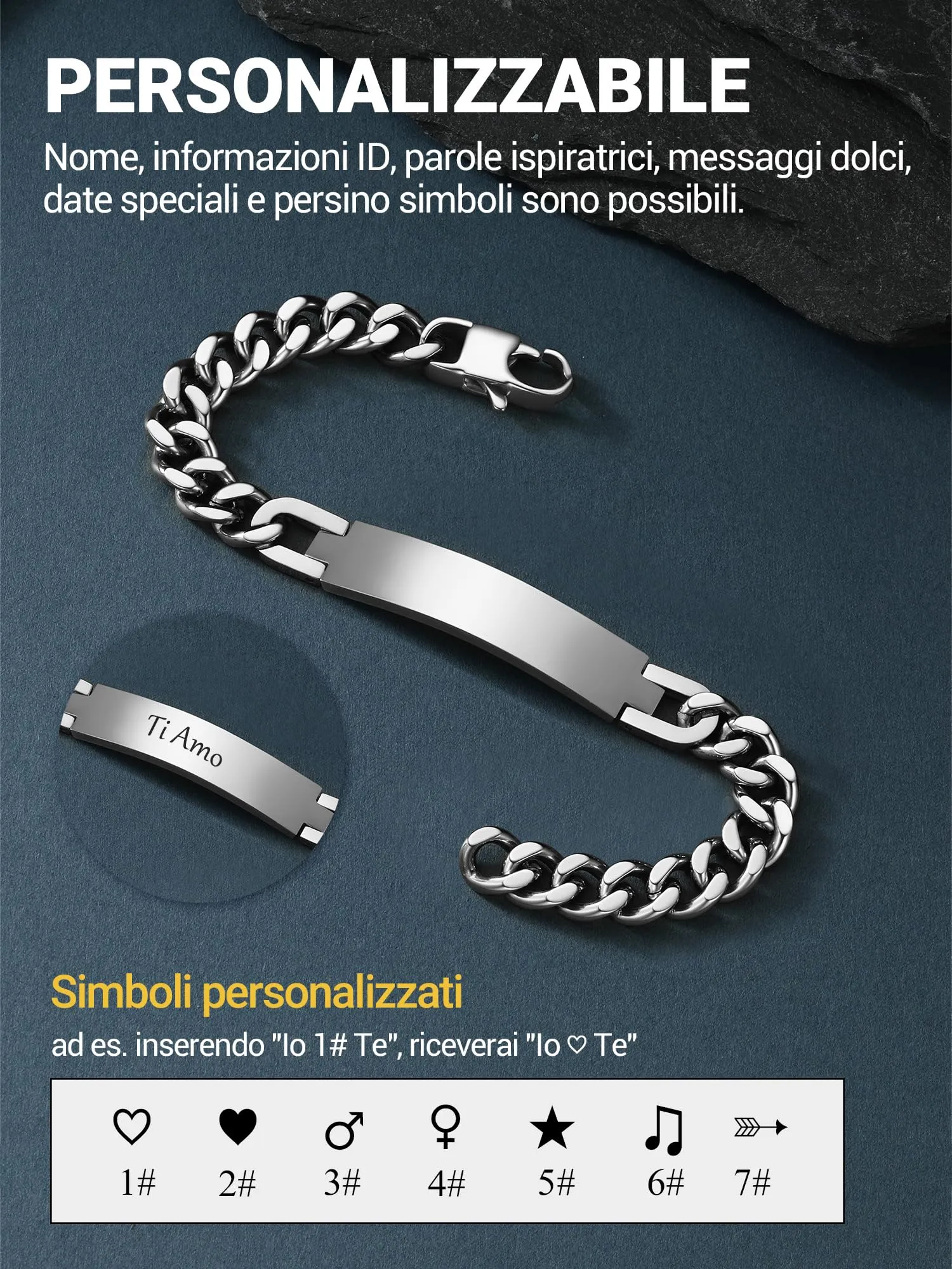 PROSTEEL Bracciale Uomo Personalizzato in Acciaio Inossidabile Argento 21cm - immagine 3