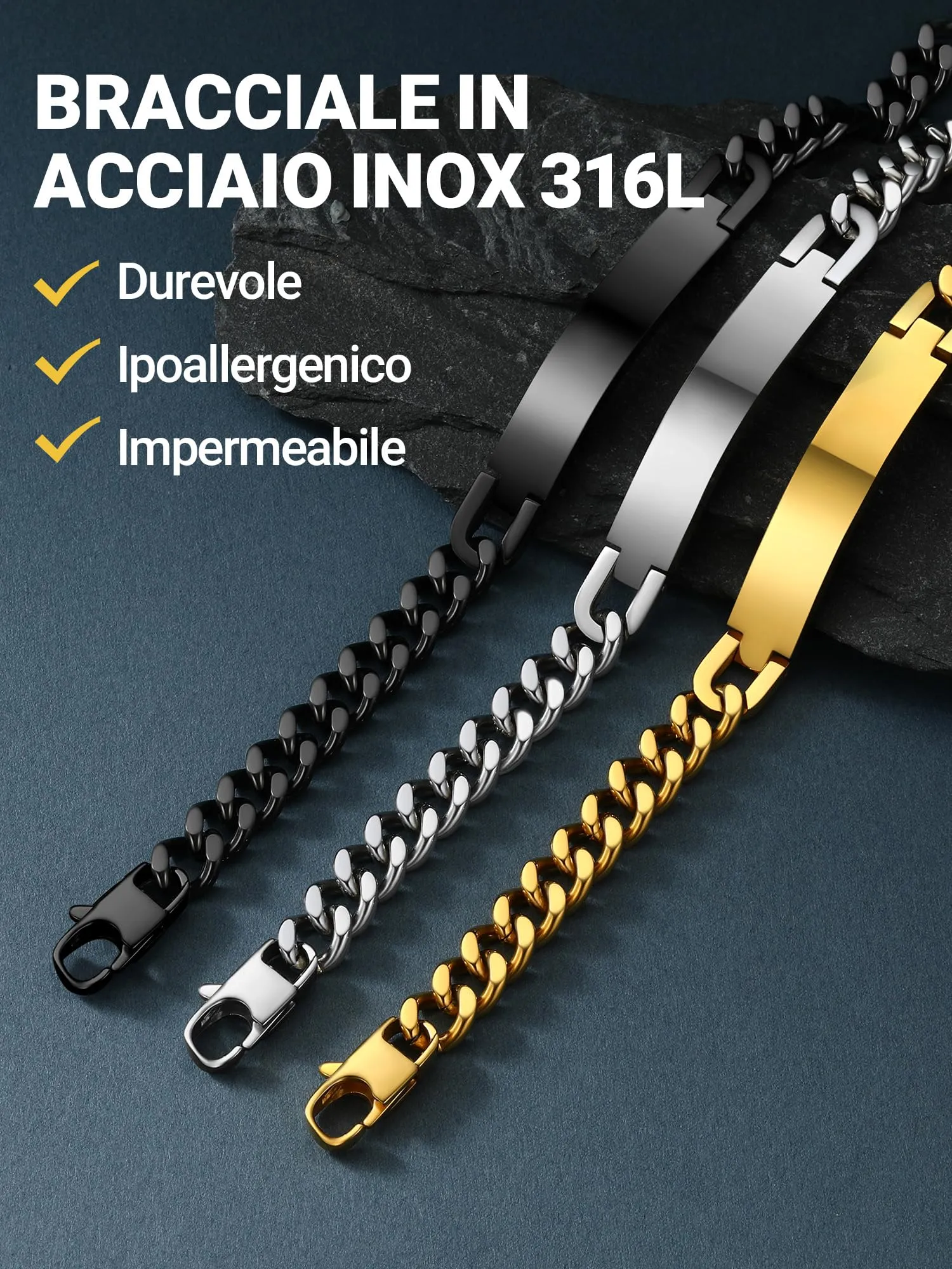 PROSTEEL Bracciale Uomo Personalizzato in Acciaio Inossidabile Argento 21cm - immagine 6