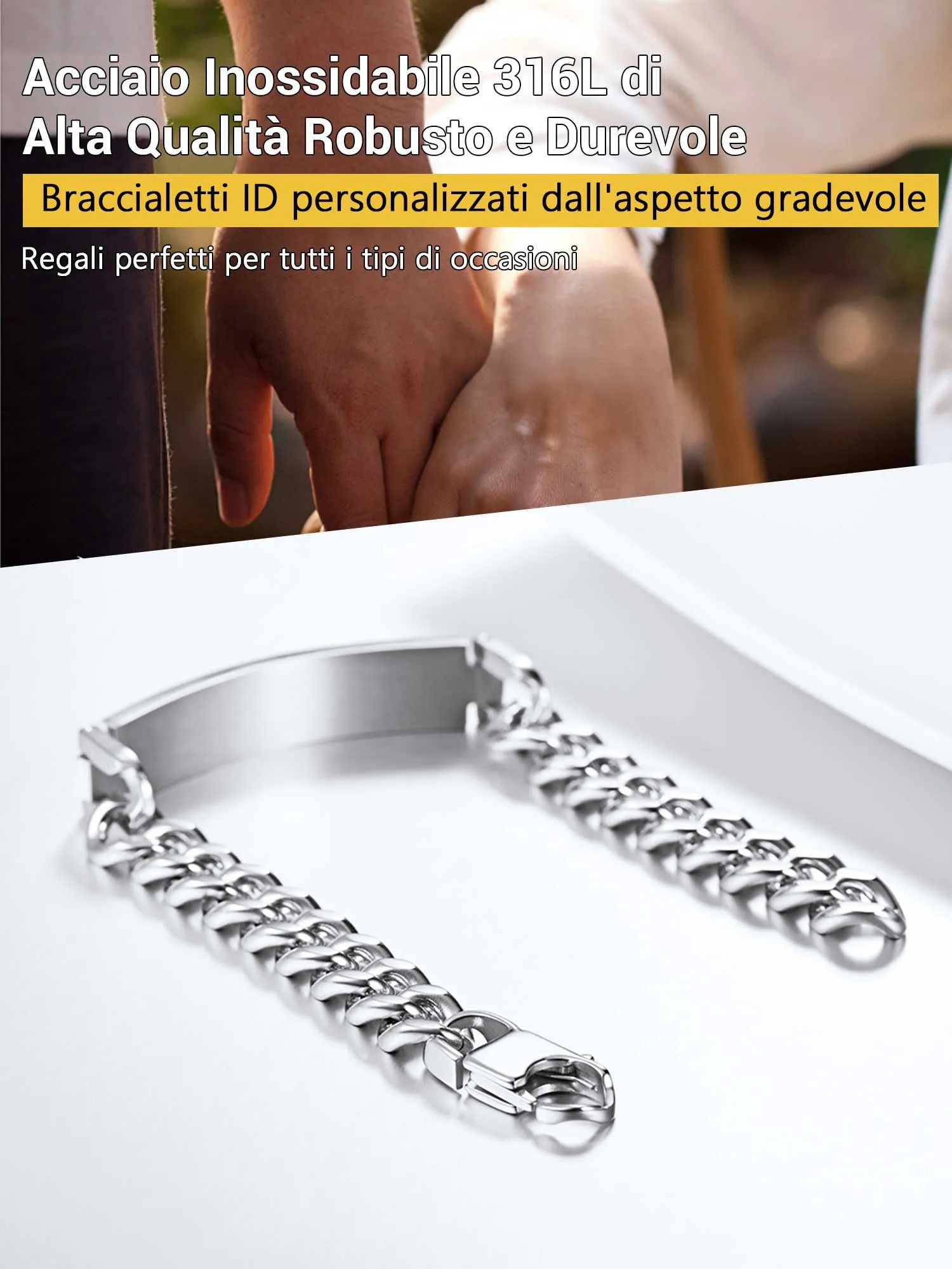 PROSTEEL Bracciale Uomo Personalizzato in Acciaio Inossidabile Argento 21cm - immagine 7
