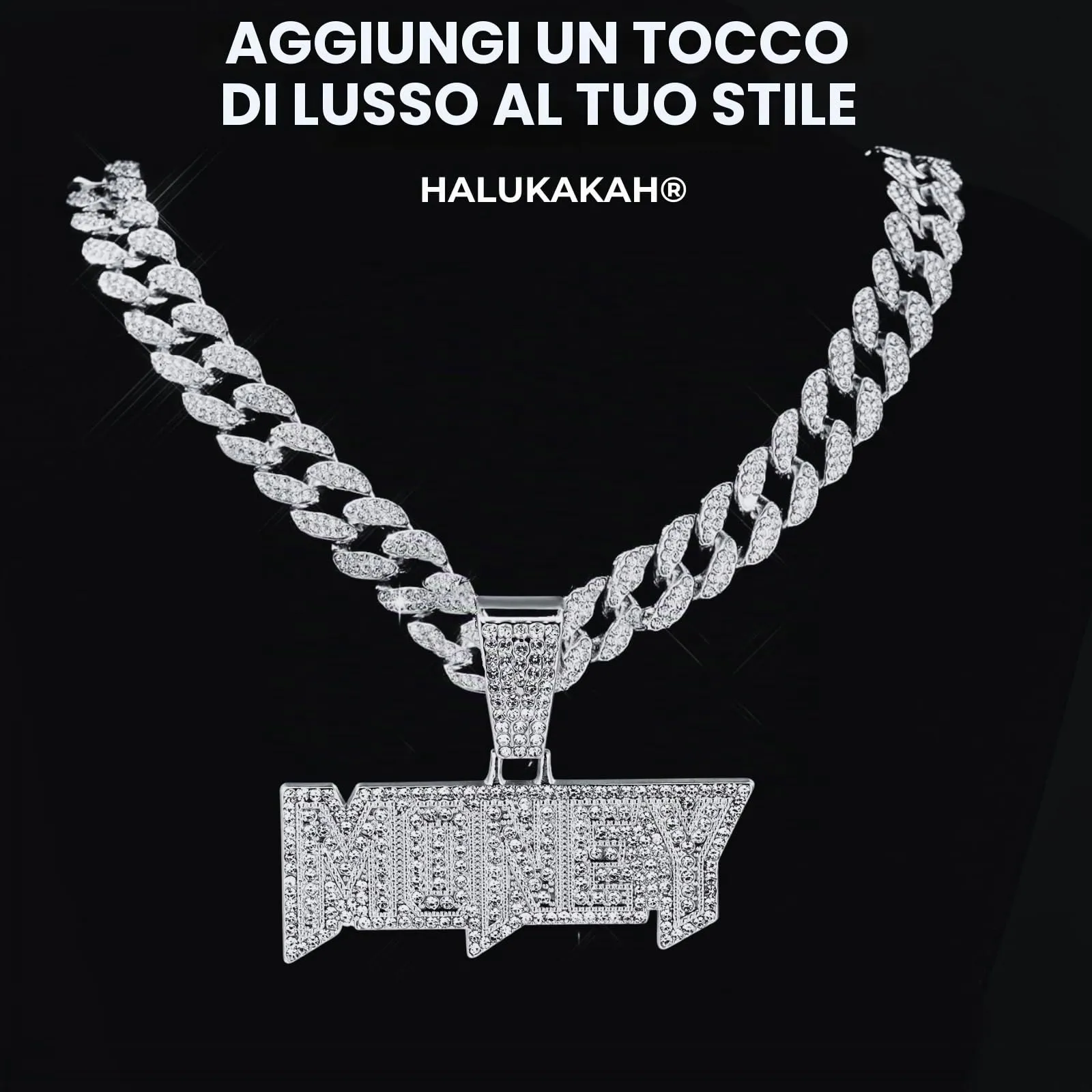 Halukakah Collana con Ciondolo Money 3D Placcato in Platino e Catena a Maglie Cubane 50cm - immagine 2