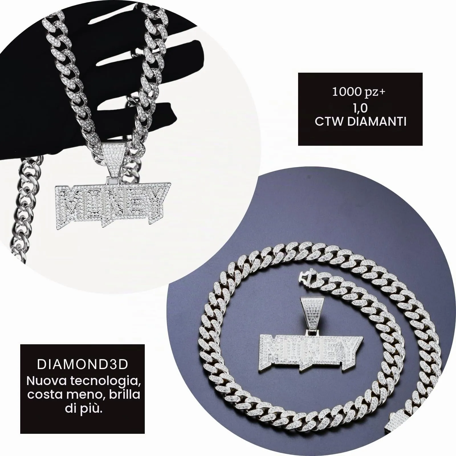 Halukakah Collana con Ciondolo Money 3D Placcato in Platino e Catena a Maglie Cubane 50cm - immagine 4