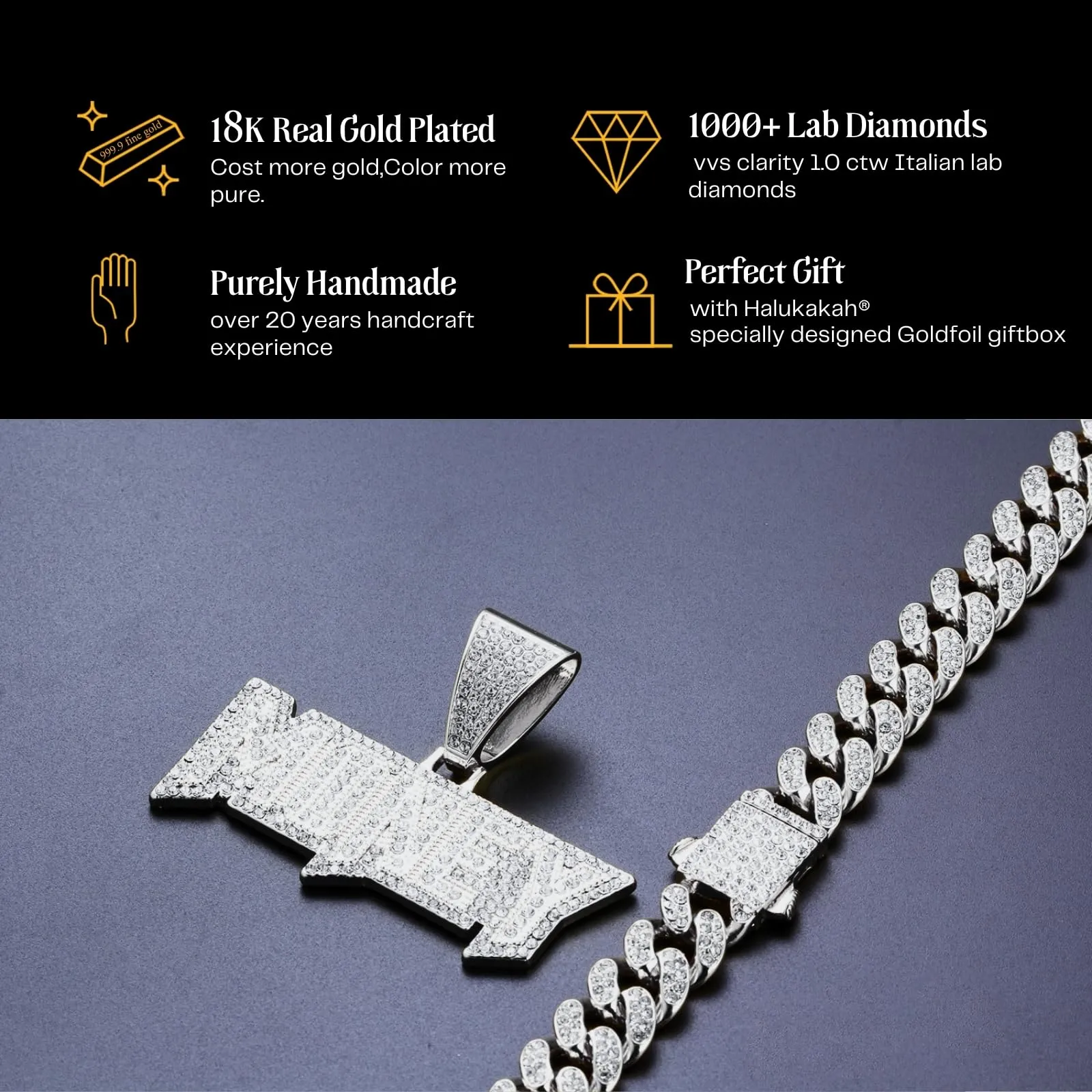 Halukakah Collana con Ciondolo Money 3D Placcato in Platino e Catena a Maglie Cubane 50cm - immagine 5