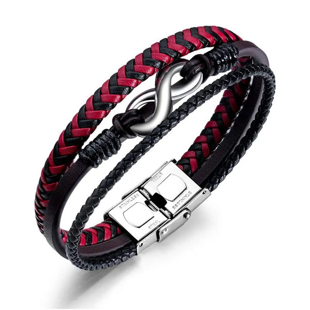 ATEIELLI Bracciale Uomo in PU Pelle e Acciaio Inossidabile Infinito, 21cm Regolabile, Rosso - immagine 1