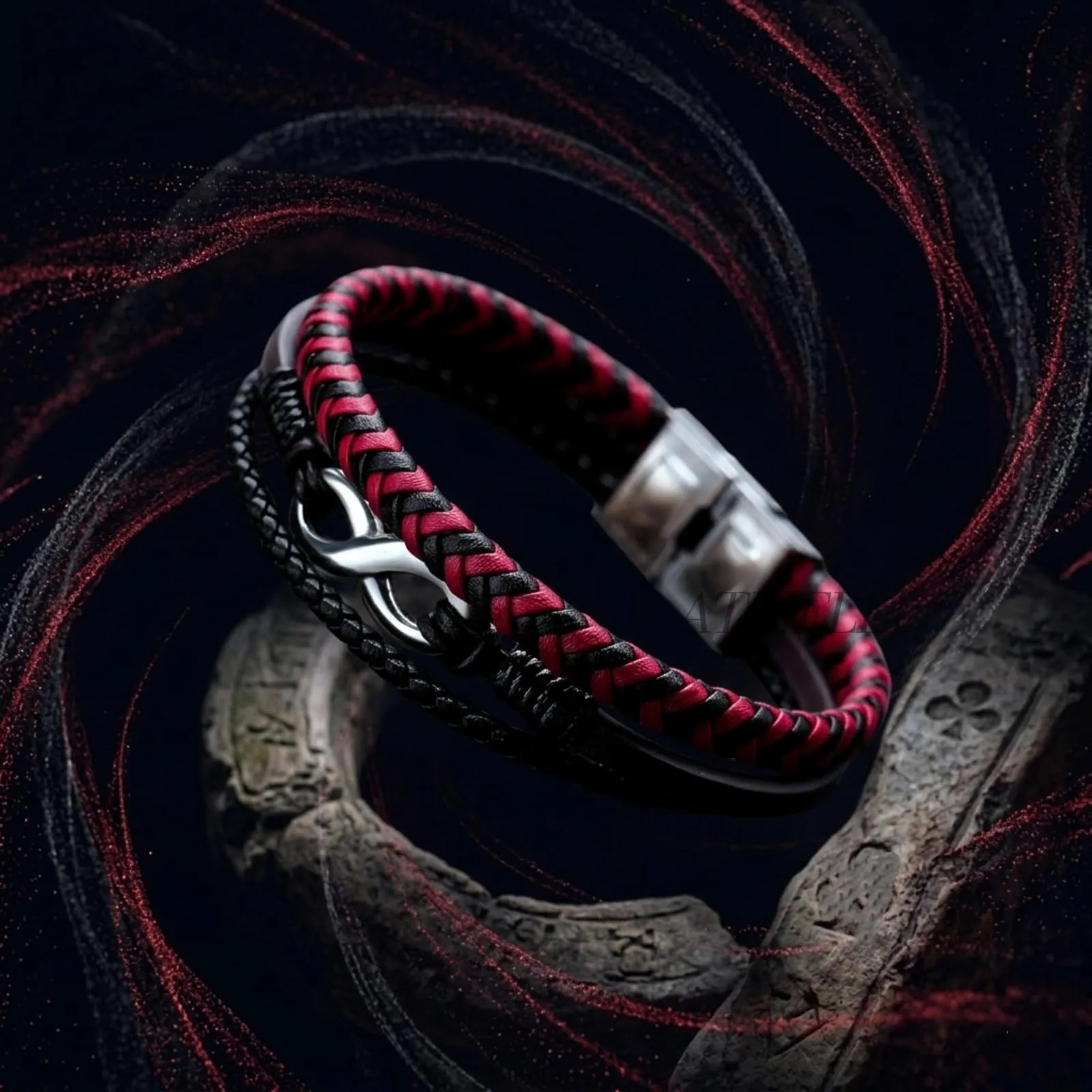 ATEIELLI Bracciale Uomo in PU Pelle e Acciaio Inossidabile Infinito, 21cm Regolabile, Rosso - immagine 2